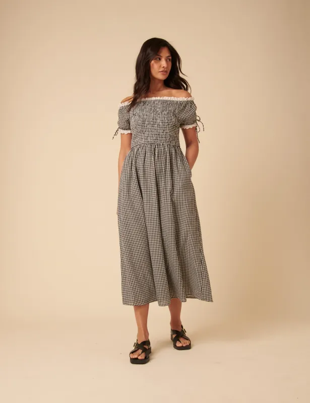 Black Gingham Bardot Adrianna Midi Dress sold by Nobody's Child