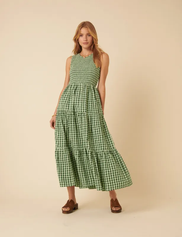 Green Gingham Sleeveless Tiered Charlie Midi Dress sold by Nobody's Child