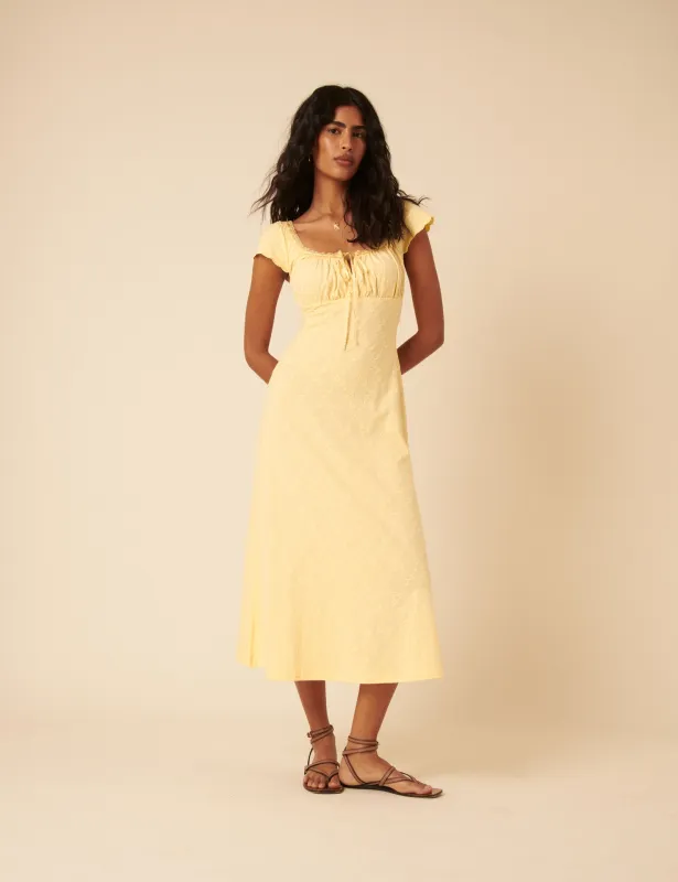Butter Yellow Floral Embroidered Melissa Midi Dress sold by Nobody's Child