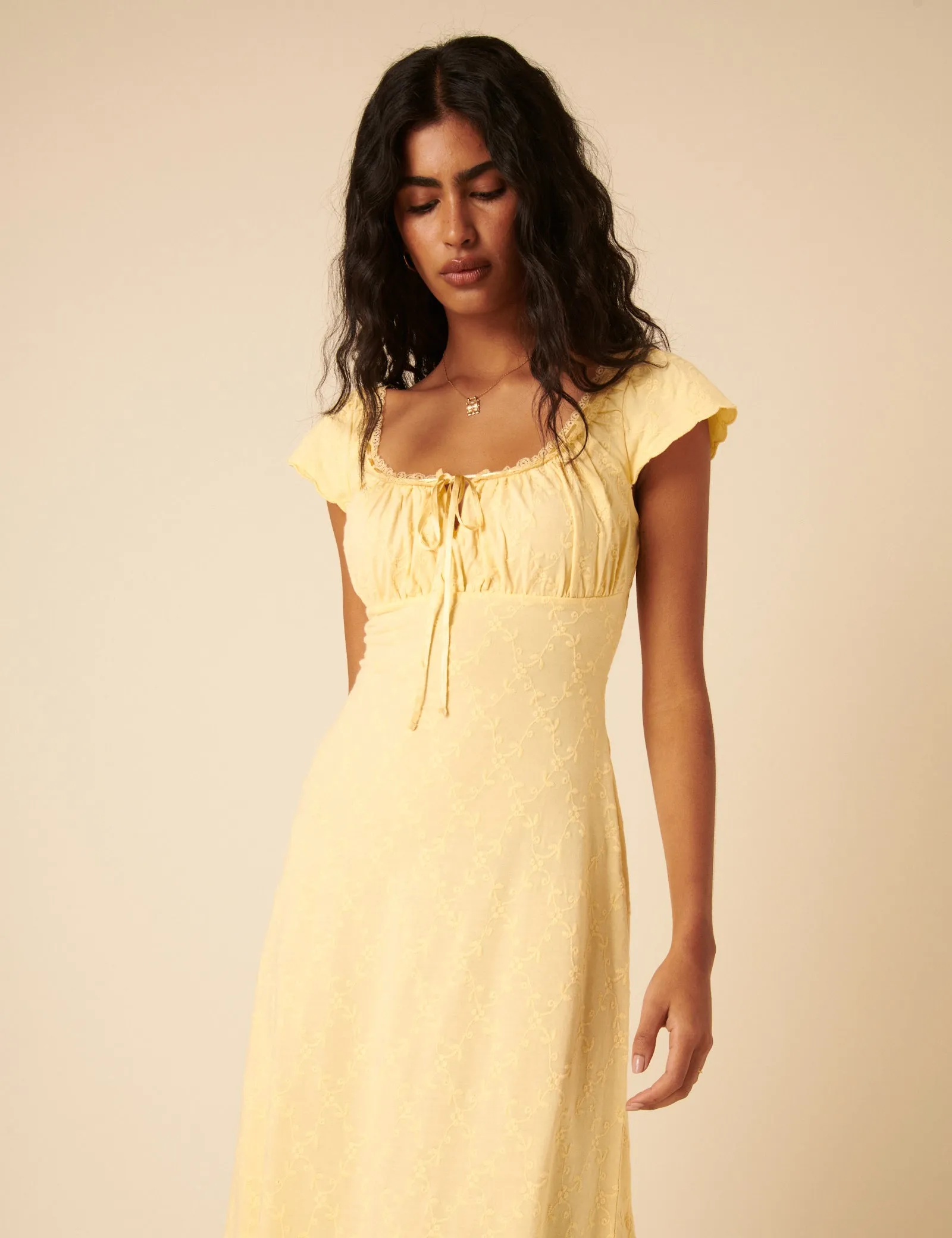 Butter Yellow Floral Embroidered Melissa Midi Dress sold by Nobody's Child product image thumbnail 3