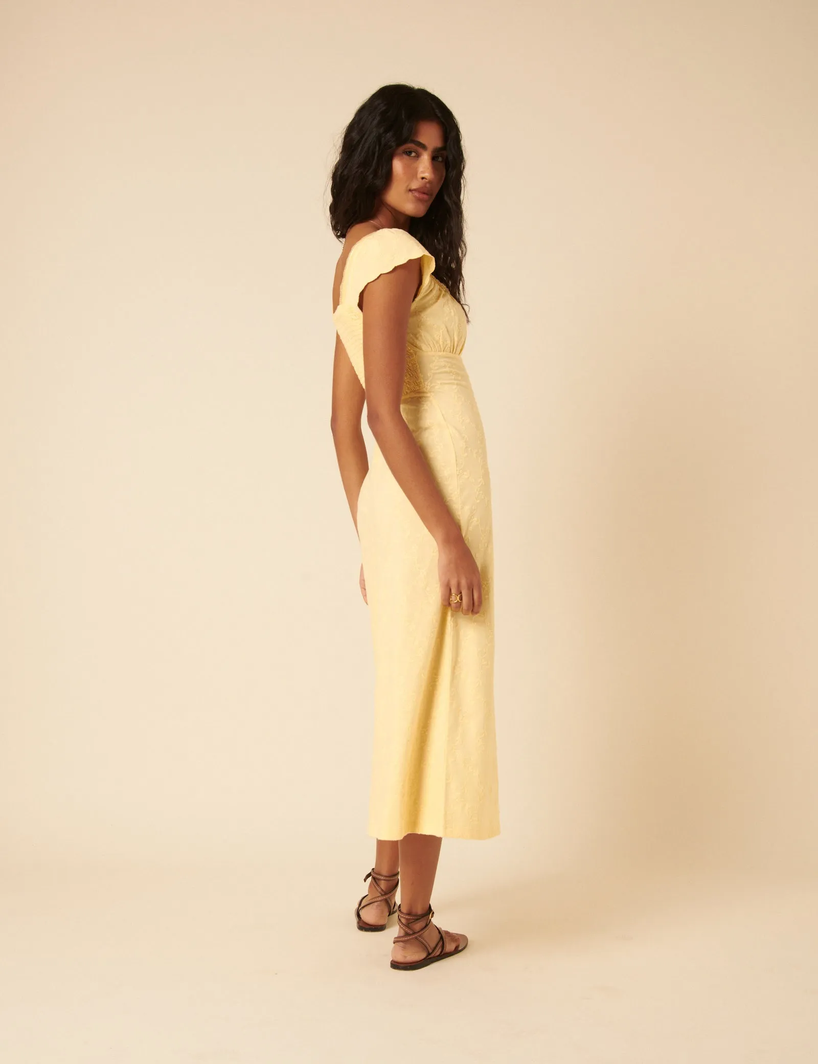 Butter Yellow Floral Embroidered Melissa Midi Dress sold by Nobody's Child product image thumbnail 5