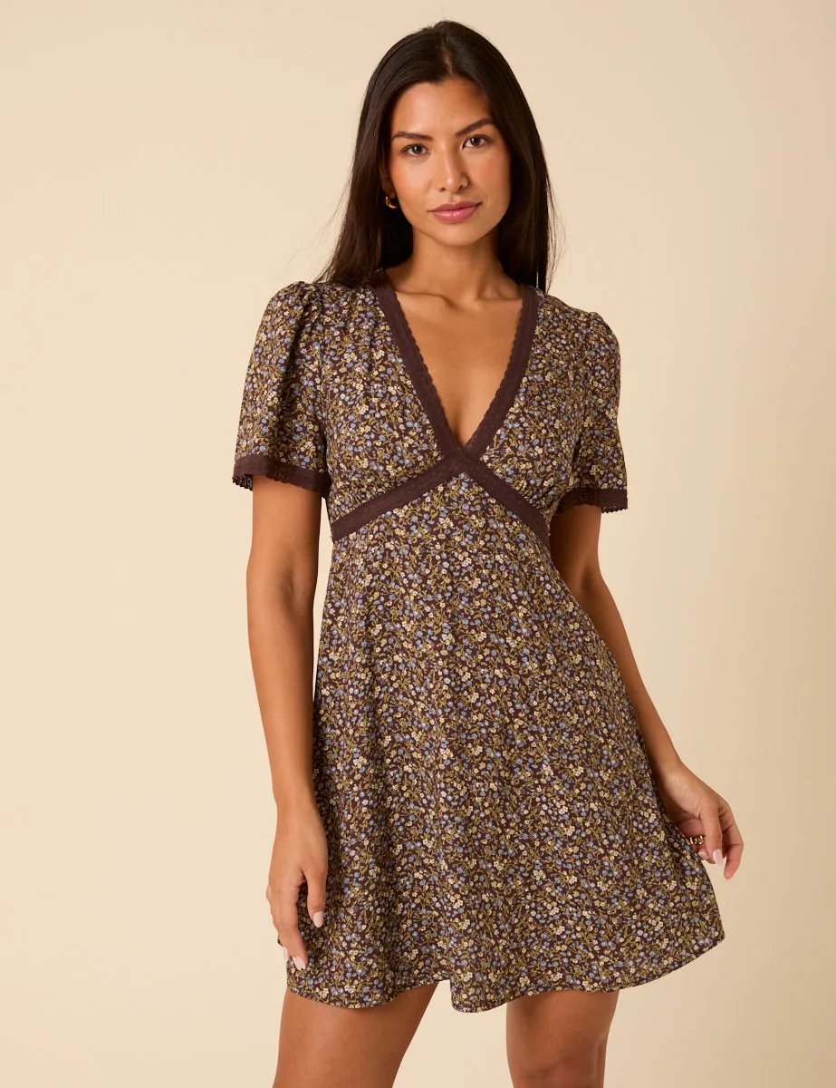 Brown Floral Lace Trim Kharian Mini Dress sold by Nobody's Child