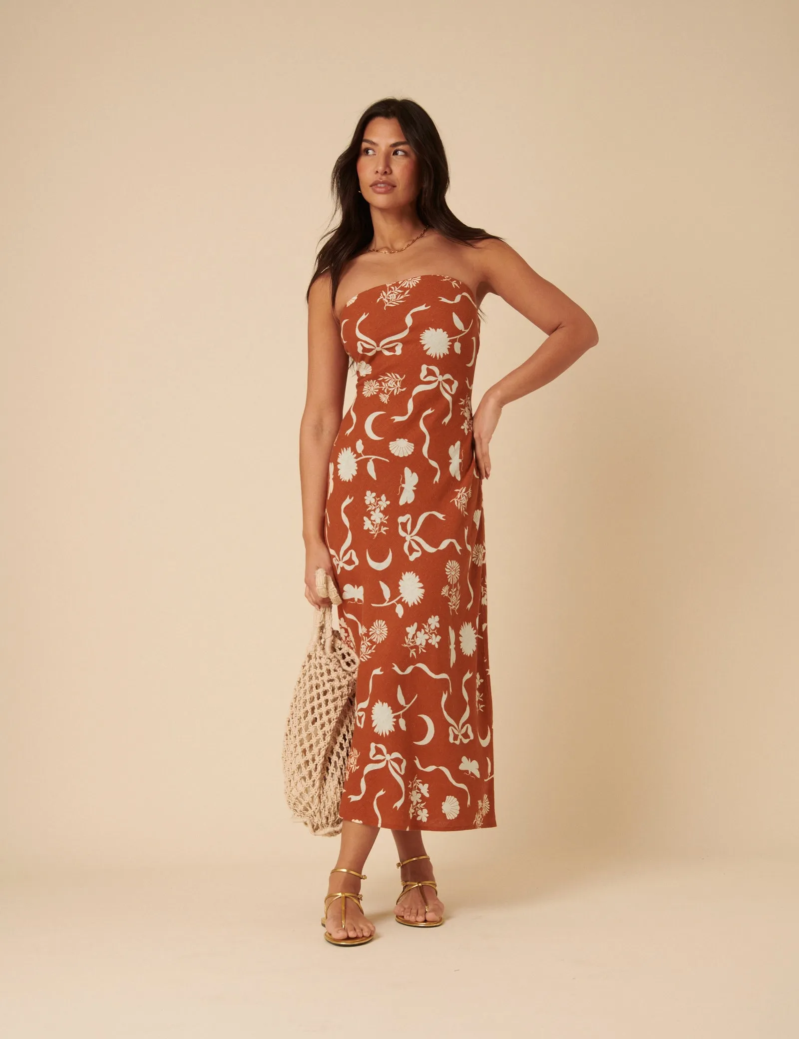 Brown Printed Linen-blend Bandeau Evie Midi Dress sold by Nobody's Child product image thumbnail 4