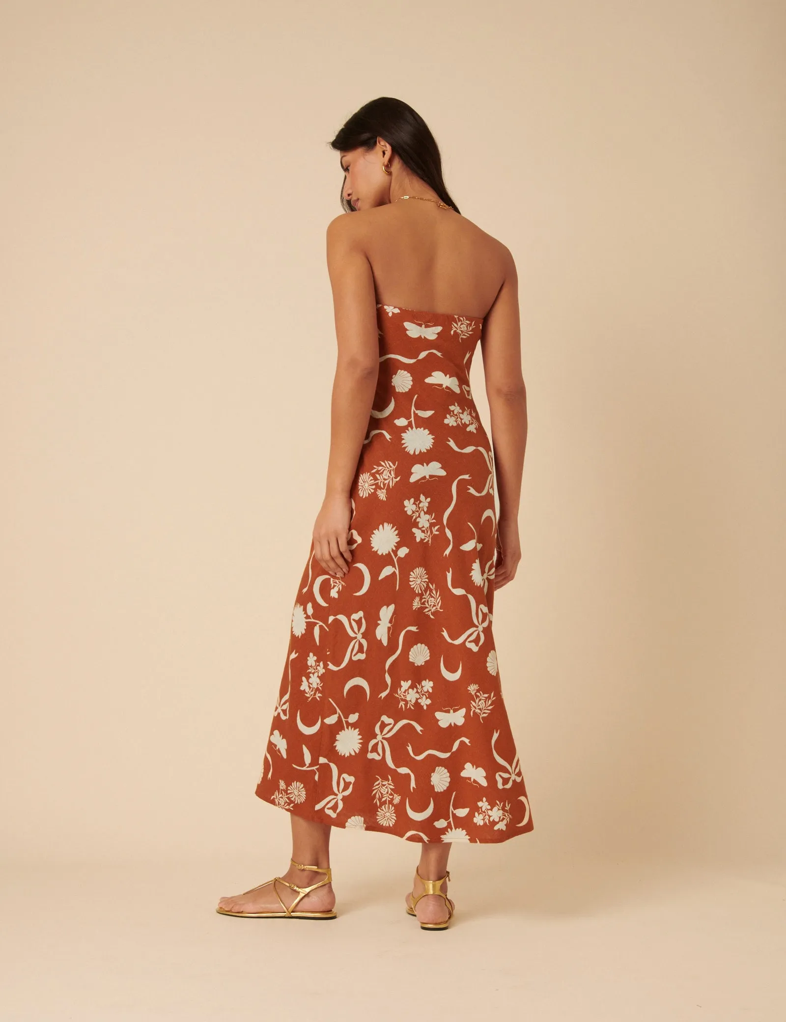 Brown Printed Linen-blend Bandeau Evie Midi Dress sold by Nobody's Child product image thumbnail 5