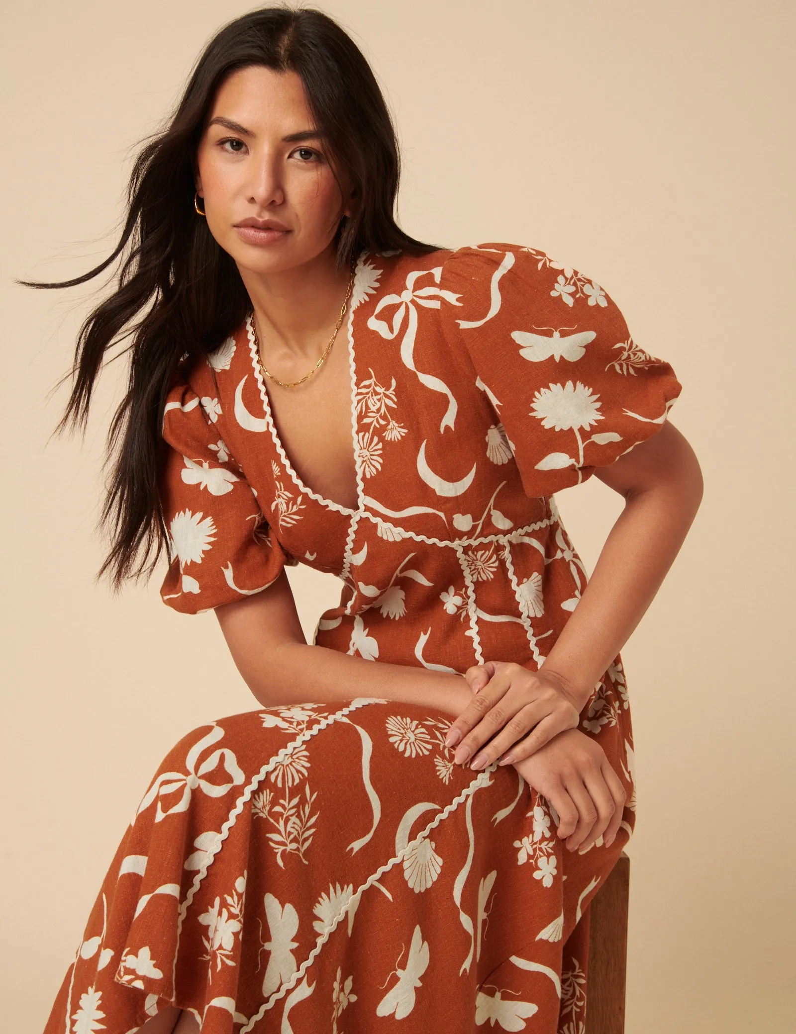Burnt Orange Printed Linen-Blend Lucy Midi Dress sold by Nobody's Child product image thumbnail 4