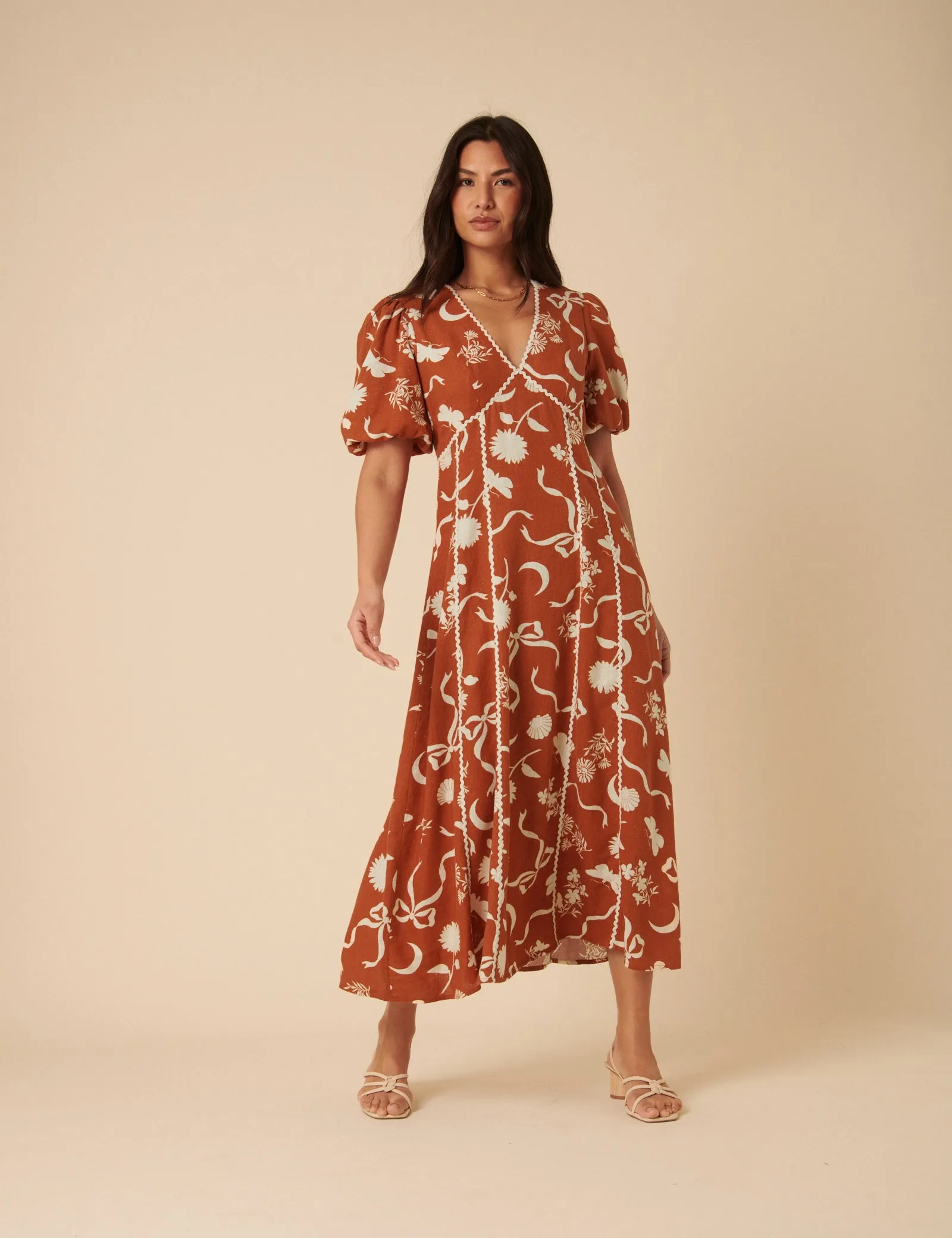 Burnt Orange Printed Linen-Blend Lucy Midi Dress sold by Nobody's Child