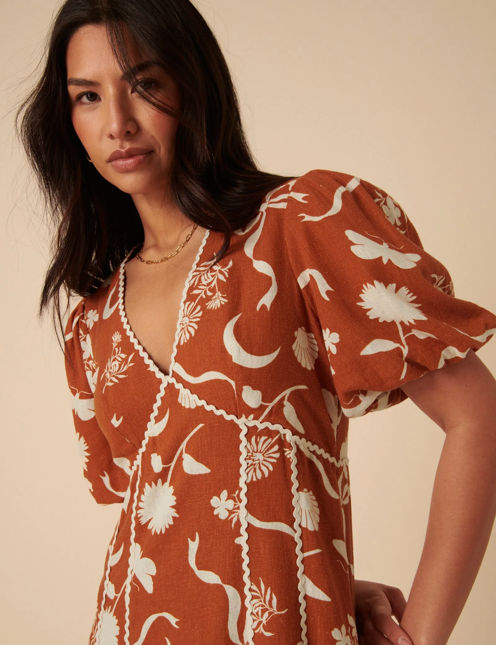 Burnt Orange Printed Linen-Blend Lucy Midi Dress sold by Nobody's Child product image thumbnail 2