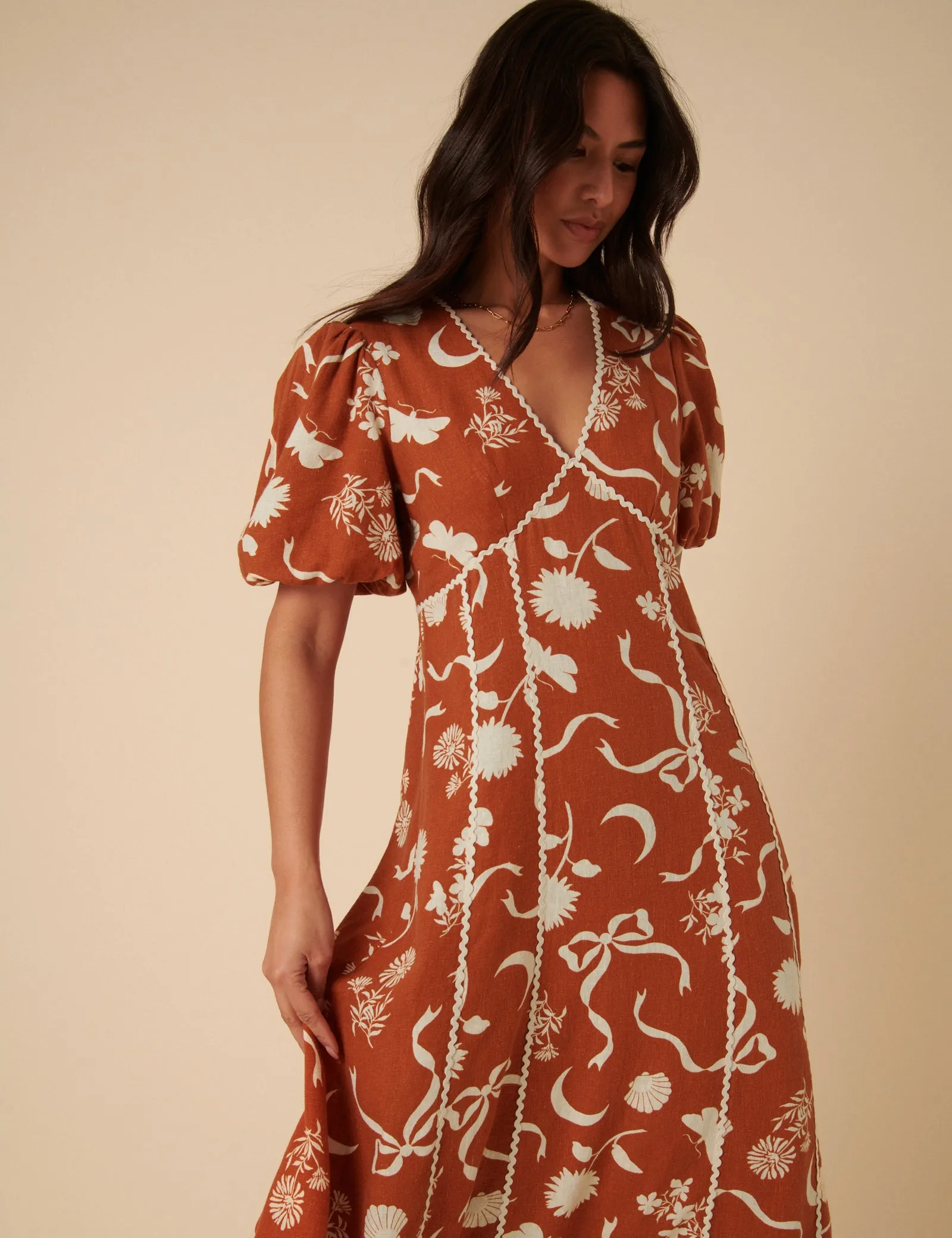 Burnt Orange Printed Linen-Blend Lucy Midi Dress sold by Nobody's Child product image thumbnail 3