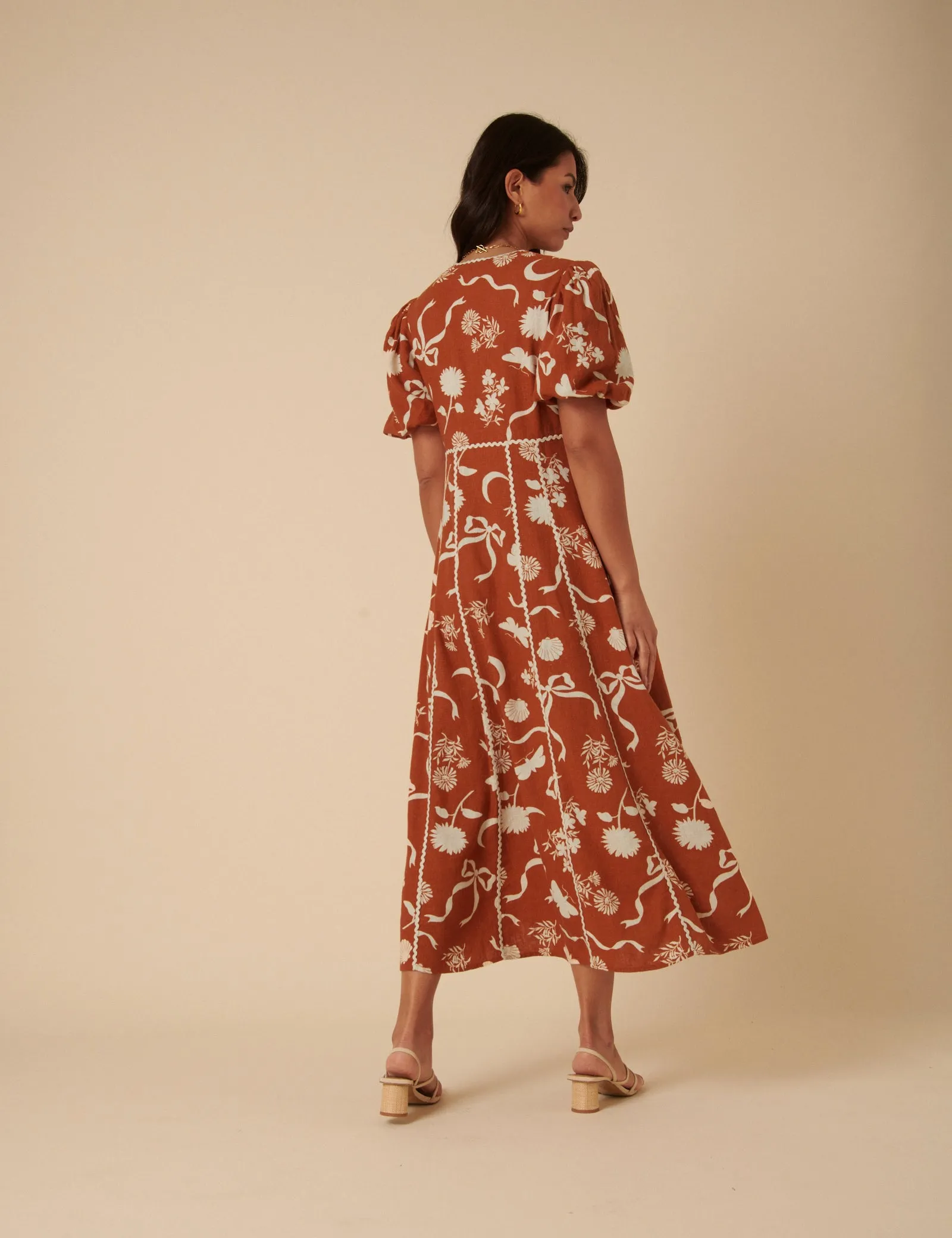 Burnt Orange Printed Linen-Blend Lucy Midi Dress sold by Nobody's Child product image thumbnail 5