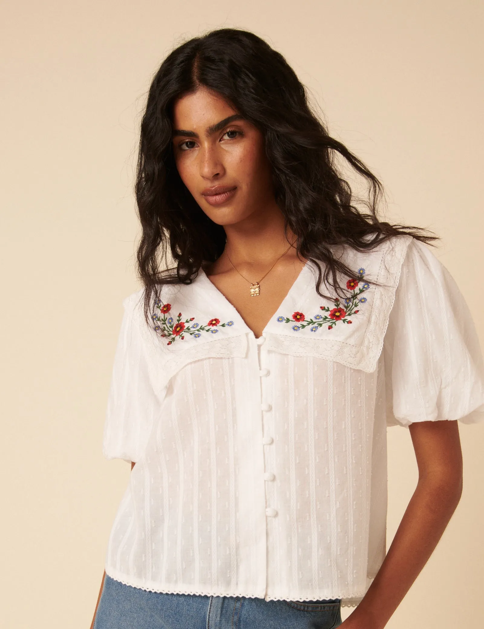 White Floral Embroidered Collar Blouse sold by Nobody's Child product image thumbnail 3