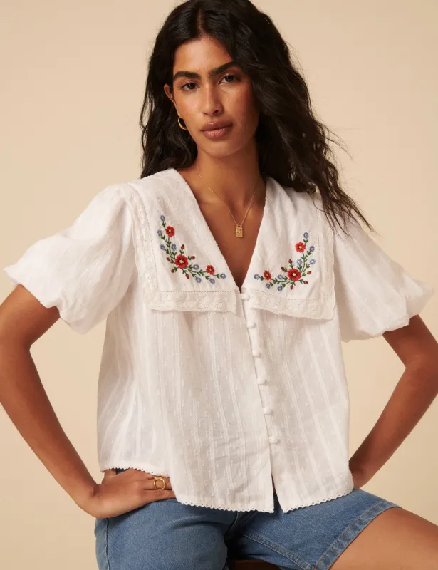 White Floral Embroidered Collar Blouse sold by Nobody's Child