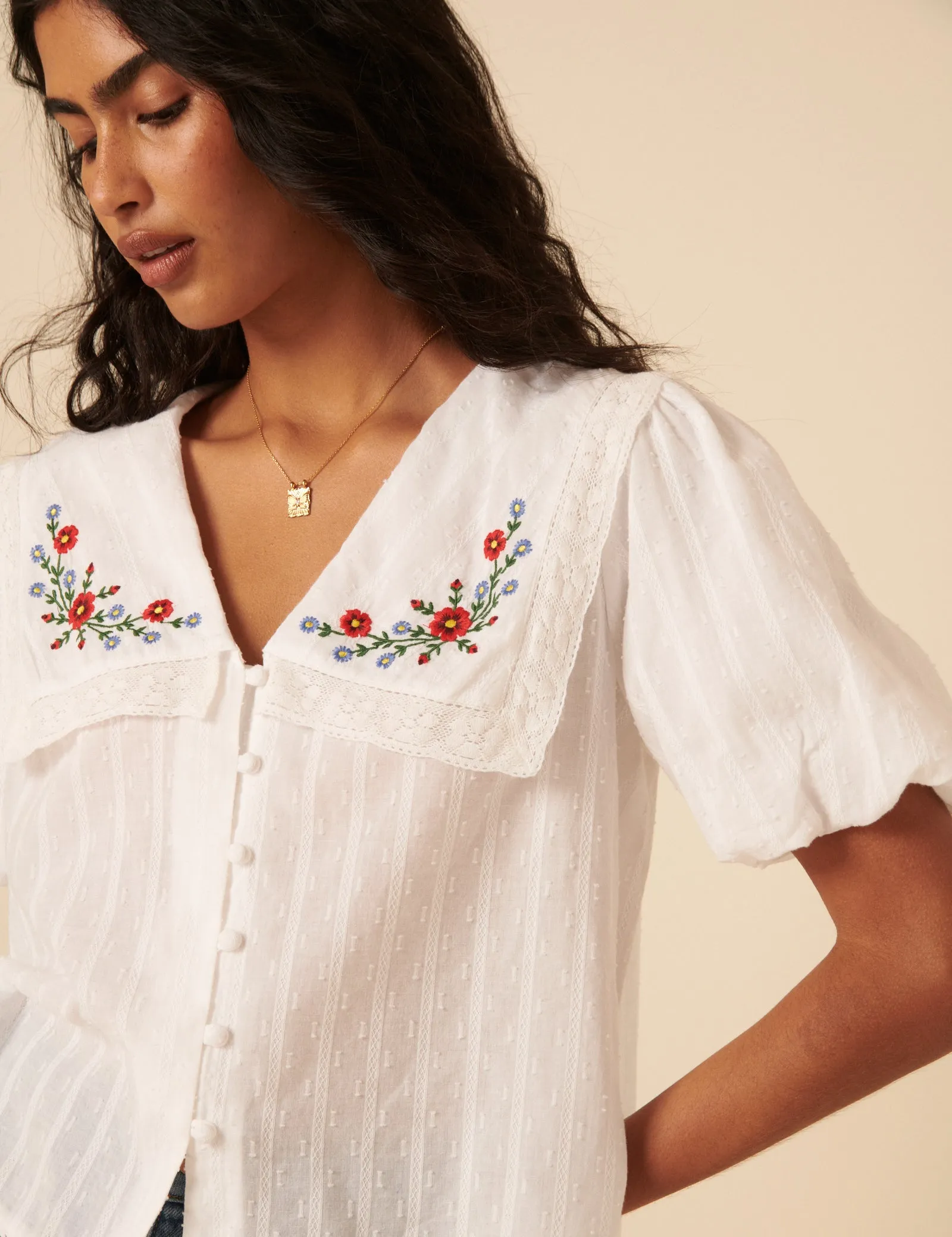 White Floral Embroidered Collar Blouse sold by Nobody's Child product image thumbnail 4
