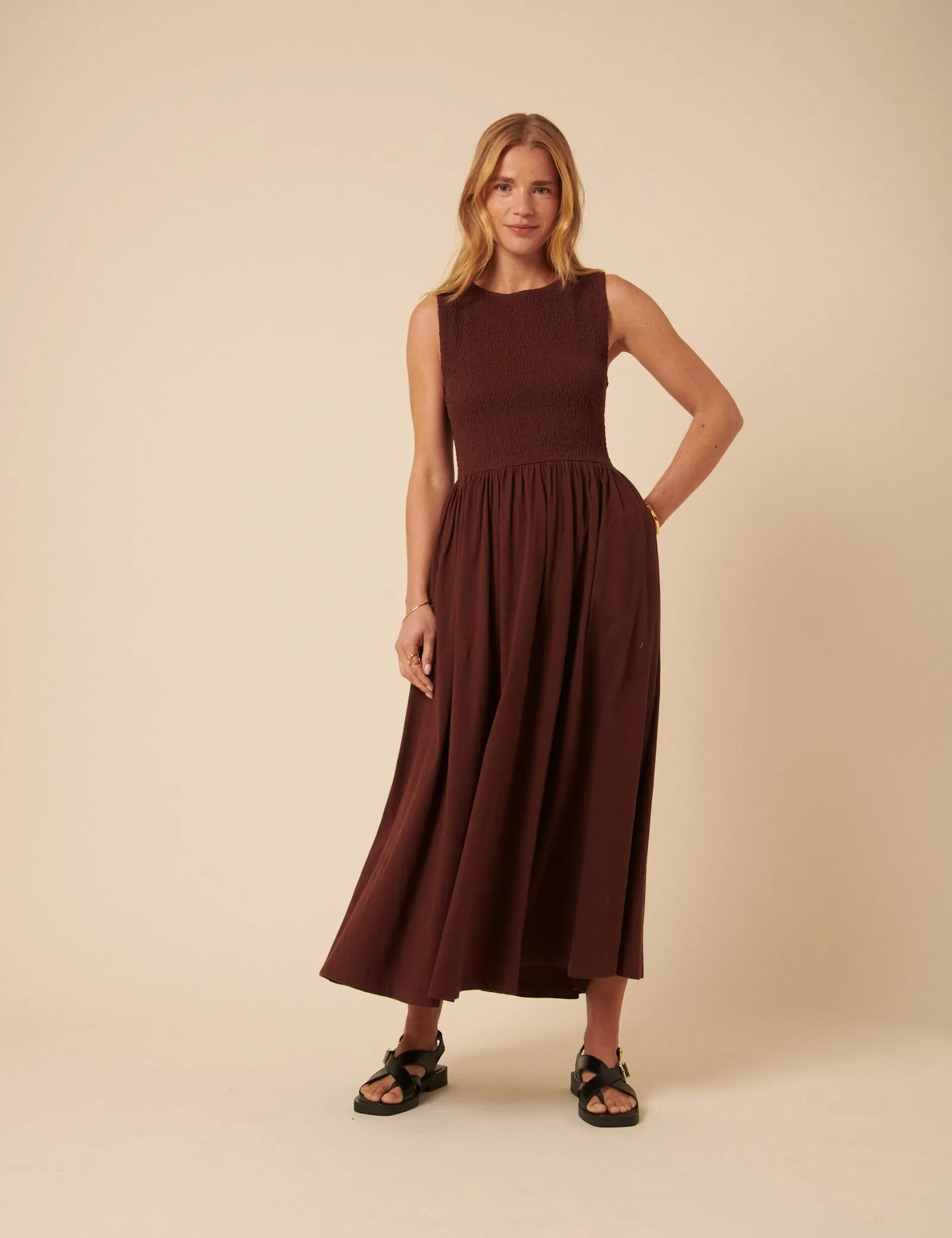 Brown Shirred Bodice Billie Midi Dress sold by Nobody's Child