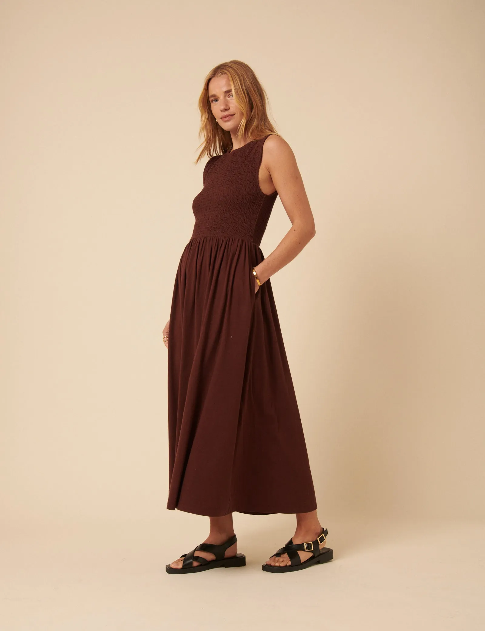 Brown Shirred Bodice Billie Midi Dress sold by Nobody's Child product image thumbnail 3