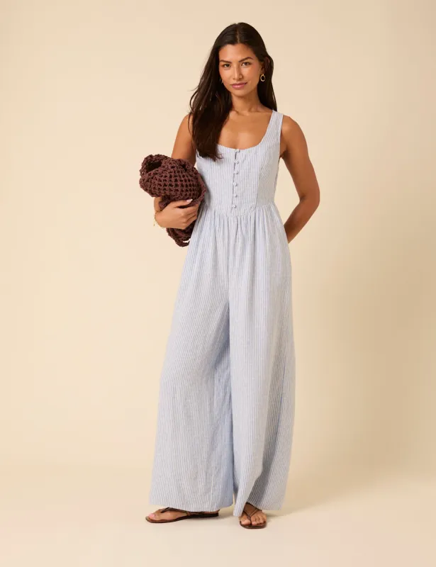 Blue Pinstripe Linen-blend Cora Jumpsuit sold by Nobody's Child
