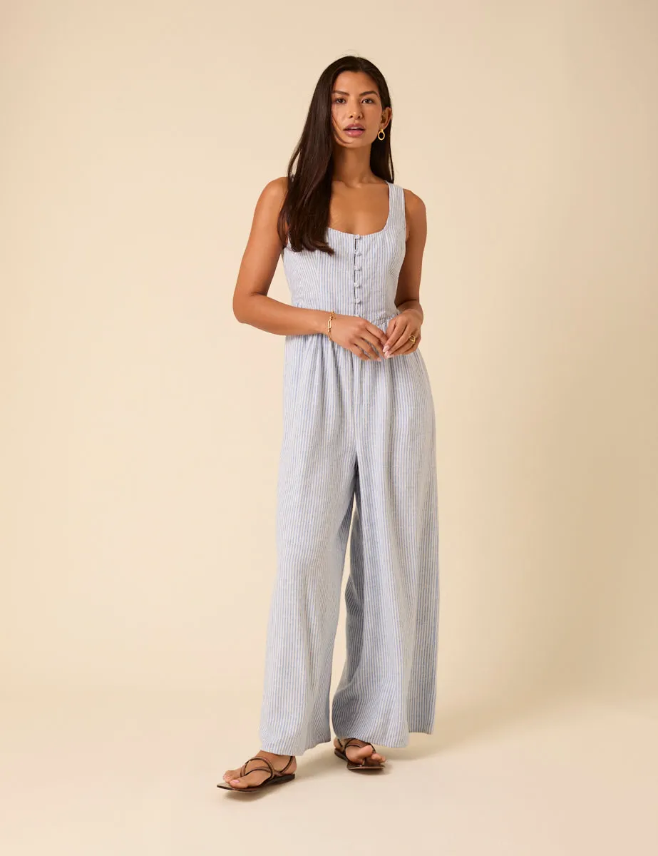 Blue Pinstripe Linen-blend Cora Jumpsuit sold by Nobody's Child product image thumbnail 4
