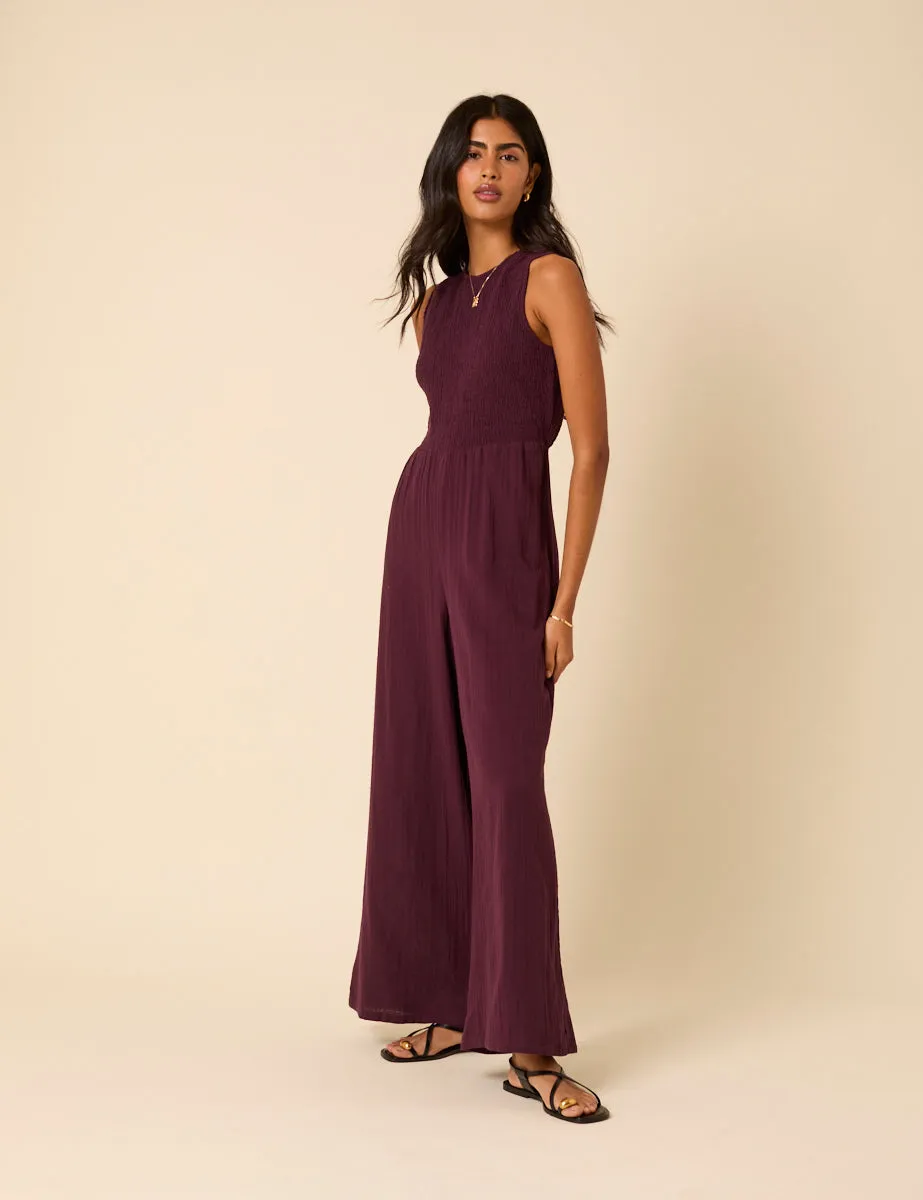Plum Shirred Ruth Jumpsuit sold by Nobody's Child