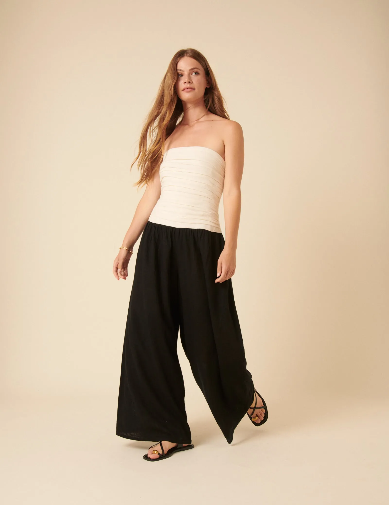 Black Linen-blend Contrast Pleated Bandeau Jumpsuit sold by Nobody's Child