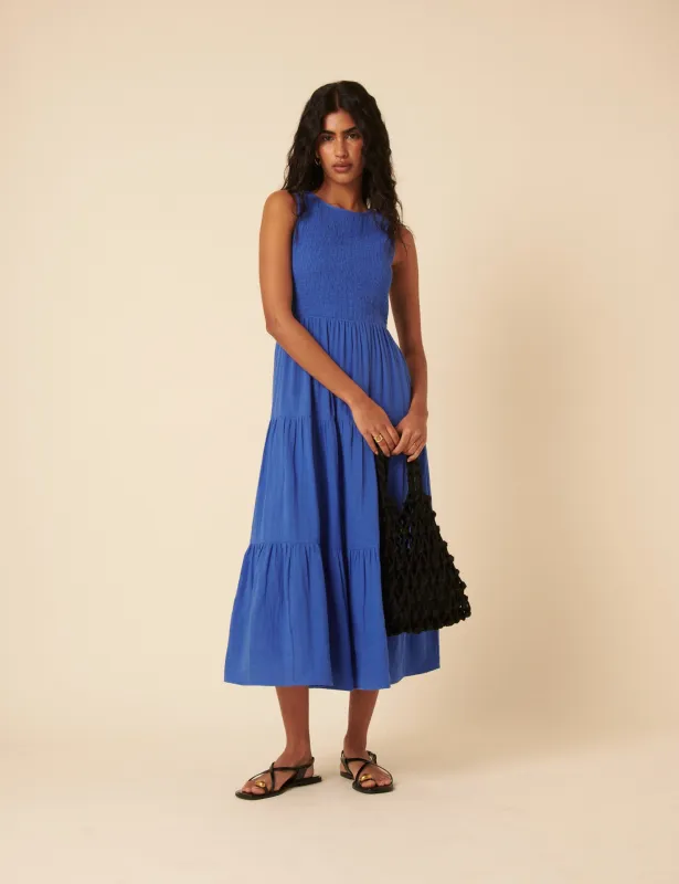 Blue Sleeveless Tiered Charlie Midi Dress sold by Nobody's Child