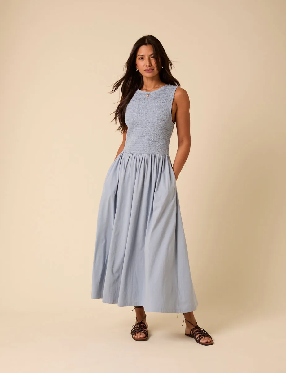 Blue Shirred Bodice Billie Midi Dress sold by Nobody's Child
