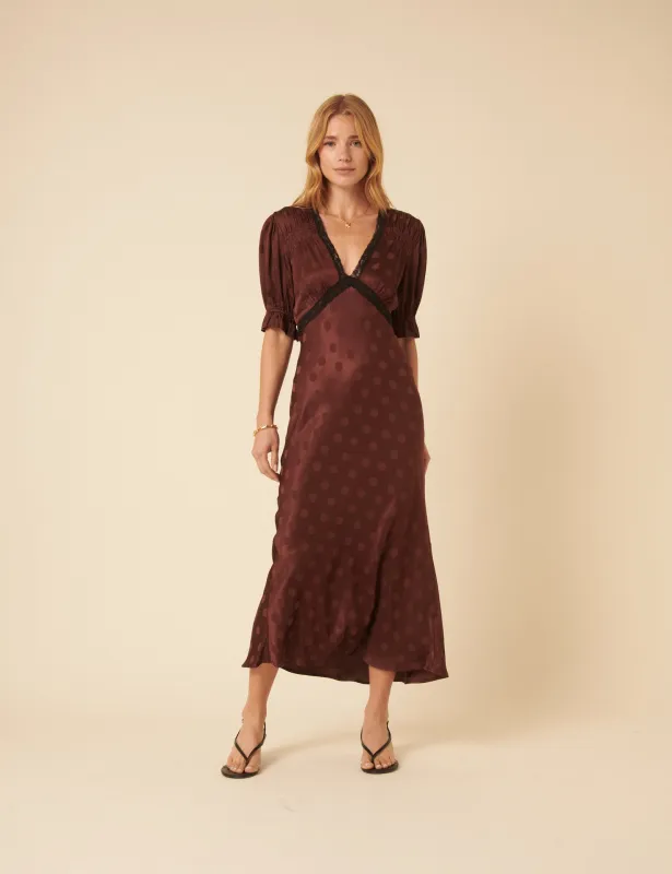 Brown Polka Dot Jacquard Angela Midi Dress sold by Nobody's Child
