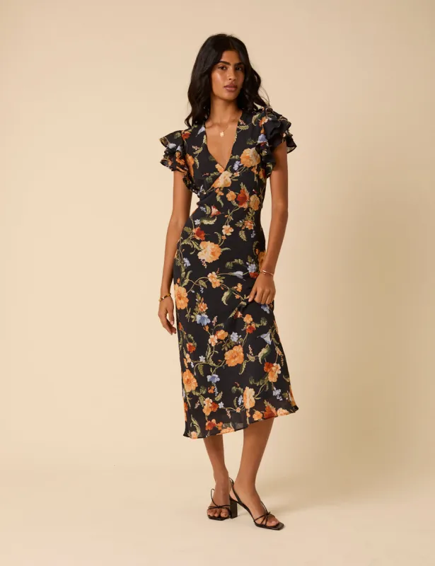 Black Floral Frill Sleeve Layla Midi Dress sold by Nobody's Child