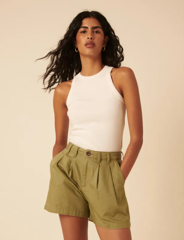 Green Double Pleat Ava Shorts sold by Nobody's Child