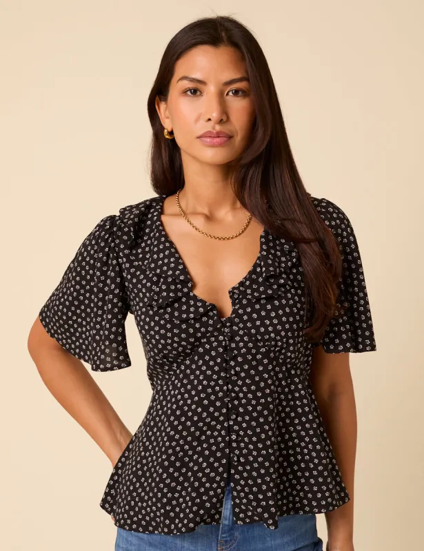 Black Ditsy Floral V-Neck Blouse sold by Nobody's Child