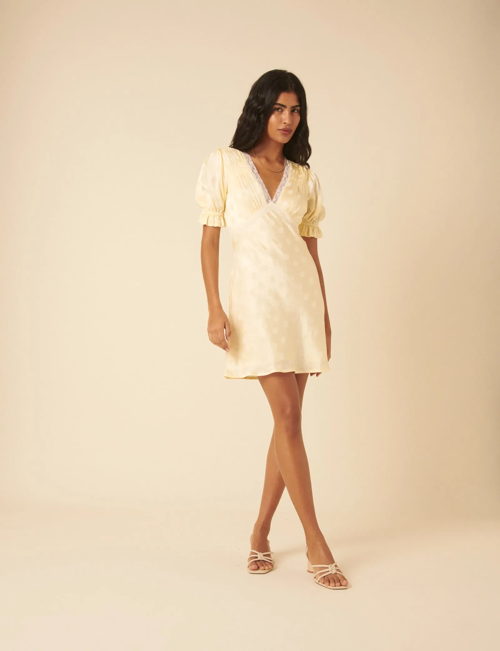 Butter Yellow Polka Dot Jacquard Angela Mini Dress sold by Nobody's Child