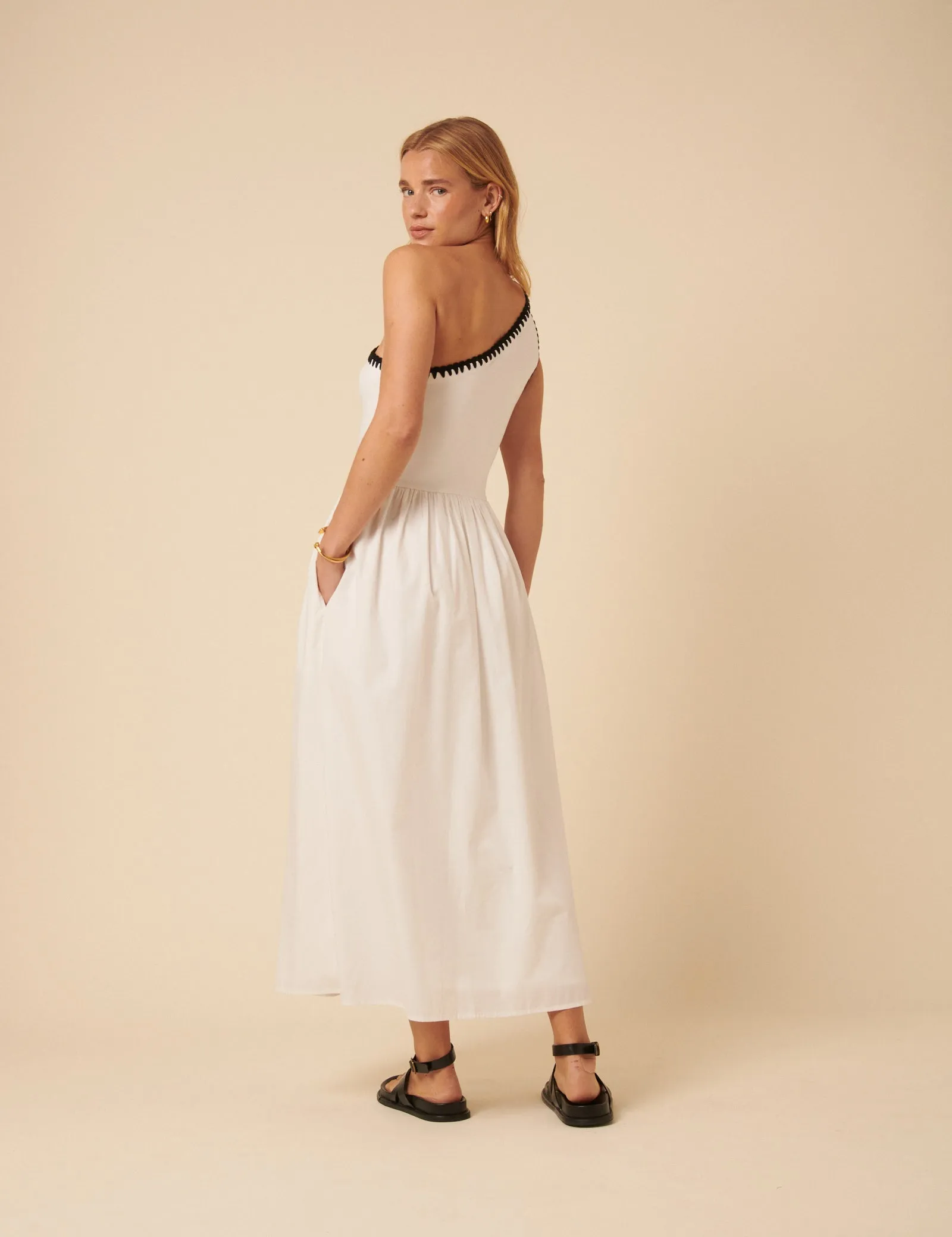 White One Shoulder Crochet Trim Sabrina Midi Dress sold by Nobody's Child product image thumbnail 5