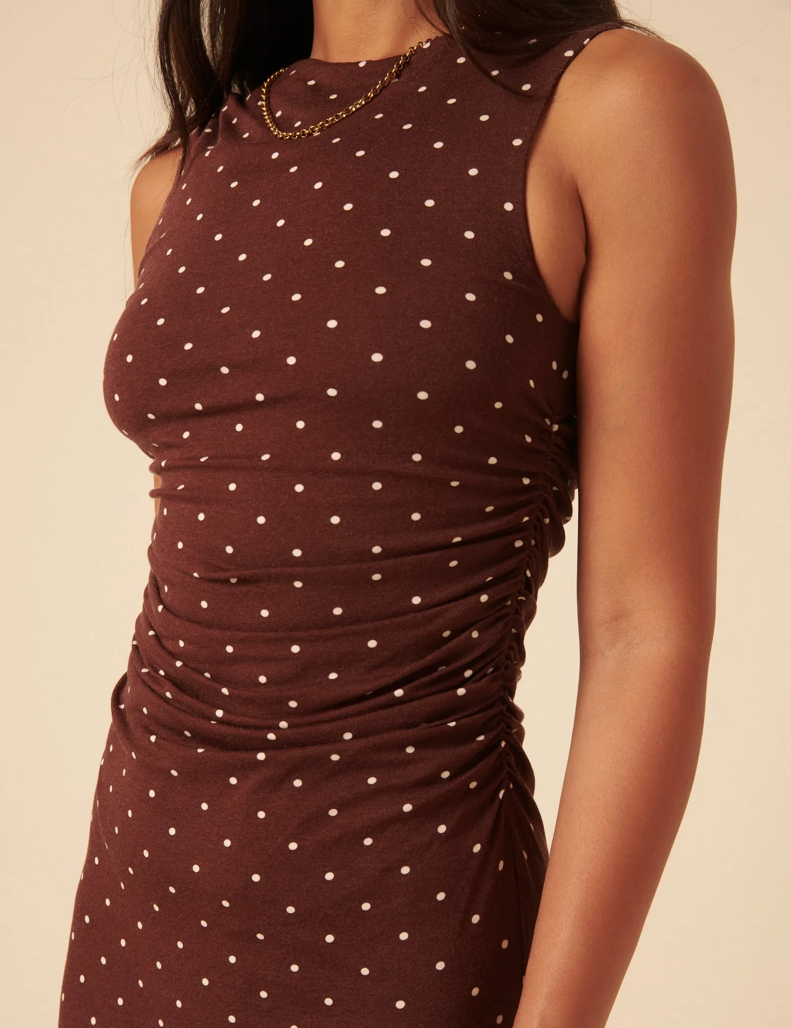 Brown Polka Dot Jersey Draped Laurella Midi Dress sold by Nobody's Child product image thumbnail 4