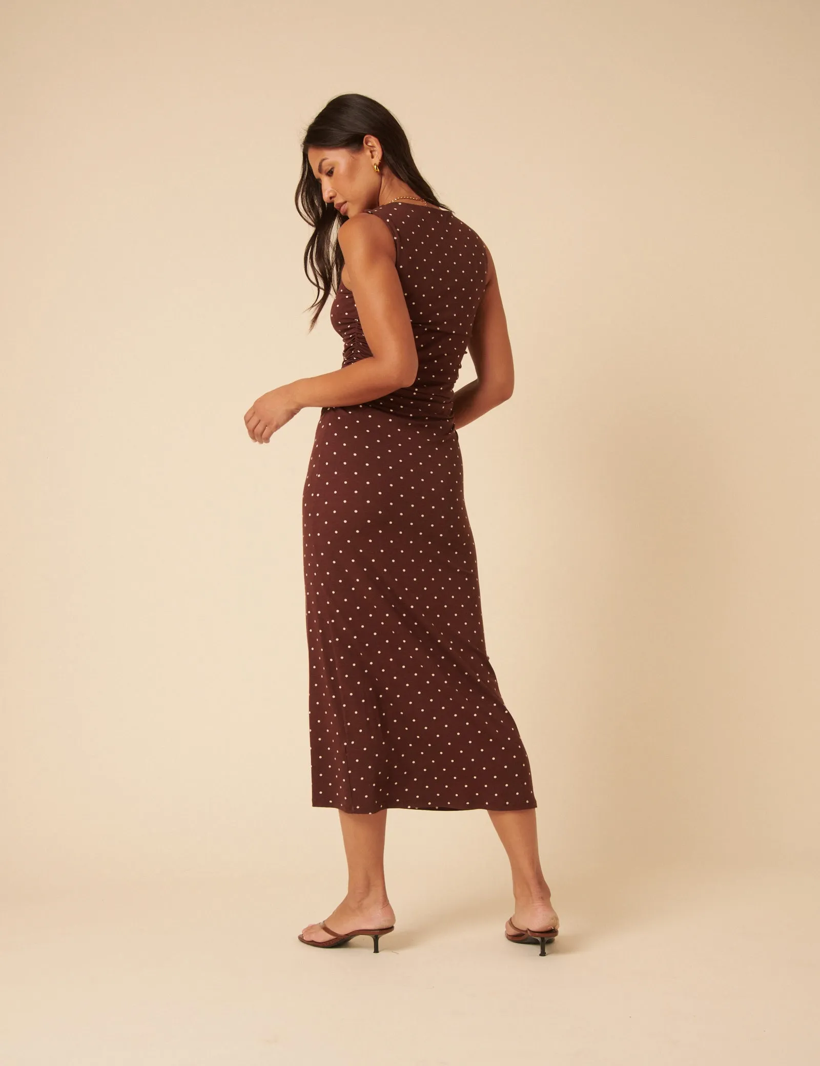 Brown Polka Dot Jersey Draped Laurella Midi Dress sold by Nobody's Child product image thumbnail 5