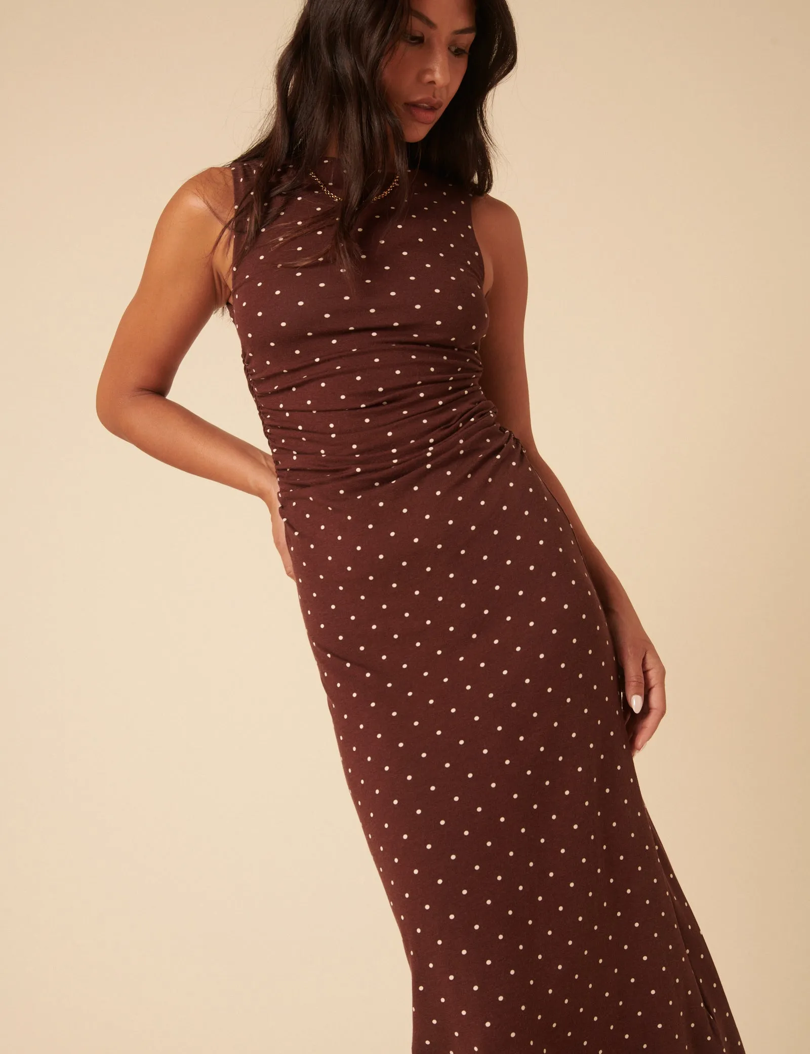 Brown Polka Dot Jersey Draped Laurella Midi Dress sold by Nobody's Child product image thumbnail 3