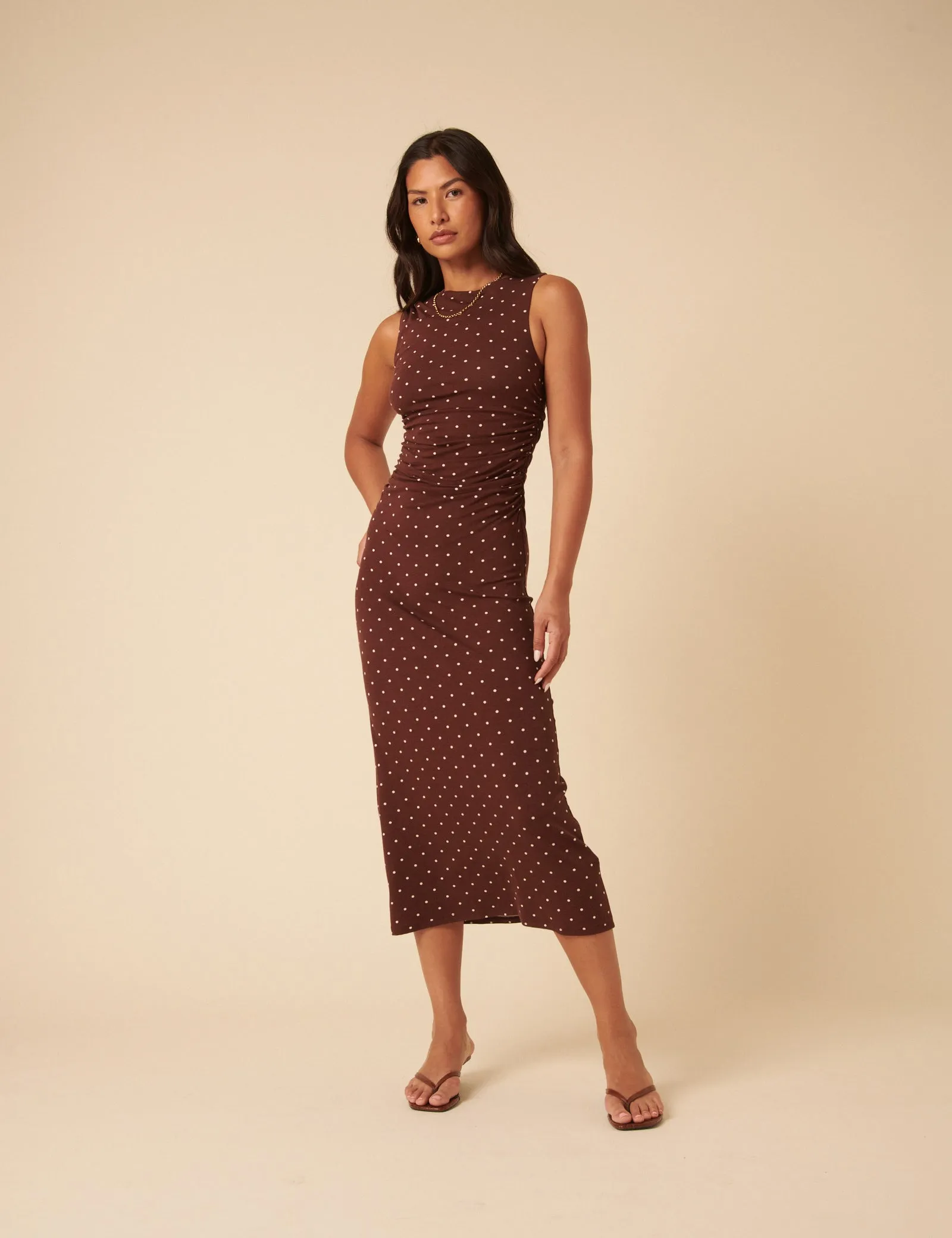 Brown Polka Dot Jersey Draped Laurella Midi Dress sold by Nobody's Child product image thumbnail 2