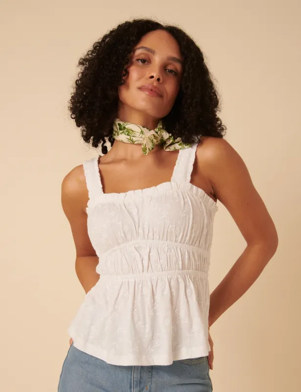 White Floral Embroidered Ruched Bodice Top sold by Nobody's Child