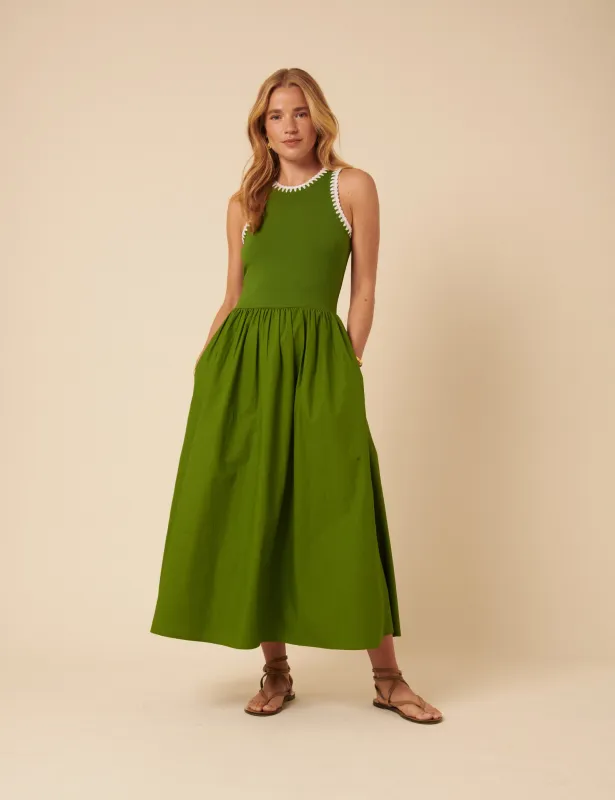 Green Crochet Trim Seattle Midi Dress sold by Nobody's Child