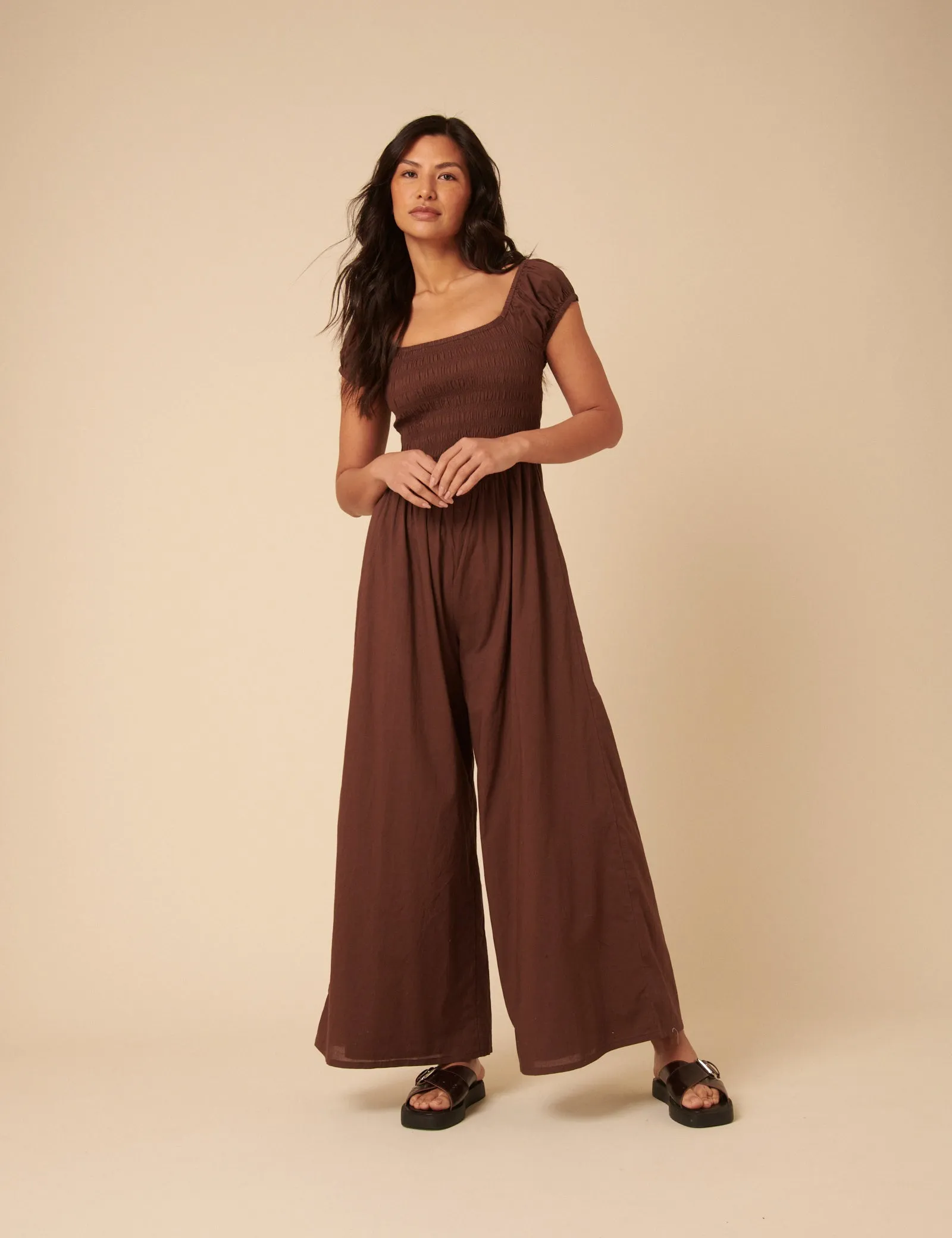 Brown Shirred Bodice Alaska Jumpsuit sold by Nobody's Child