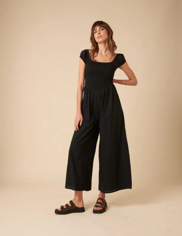 Black Shirred Bodice Alaska Jumpsuit sold by Nobody's Child