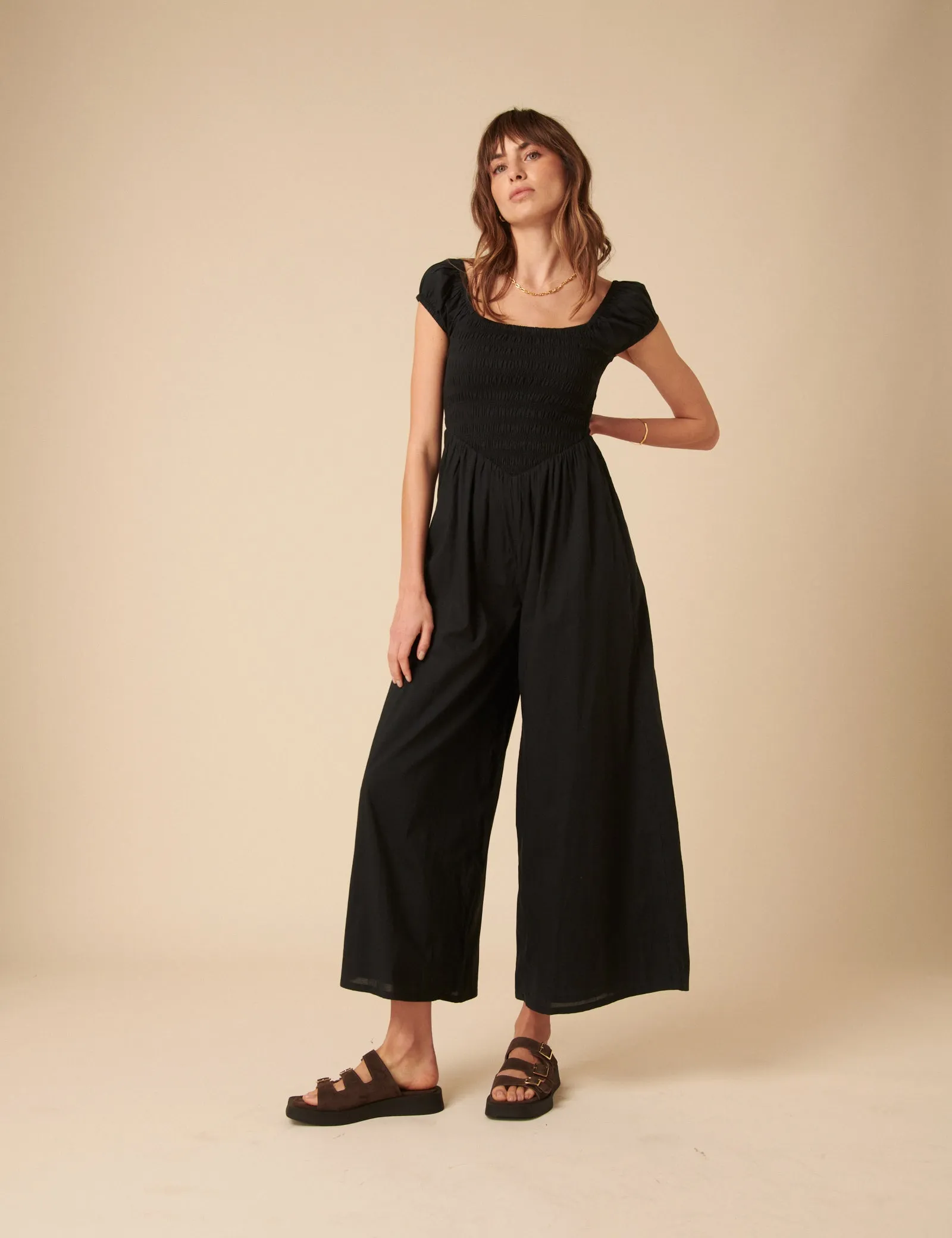 Black Shirred Bodice Alaska Jumpsuit sold by Nobody's Child