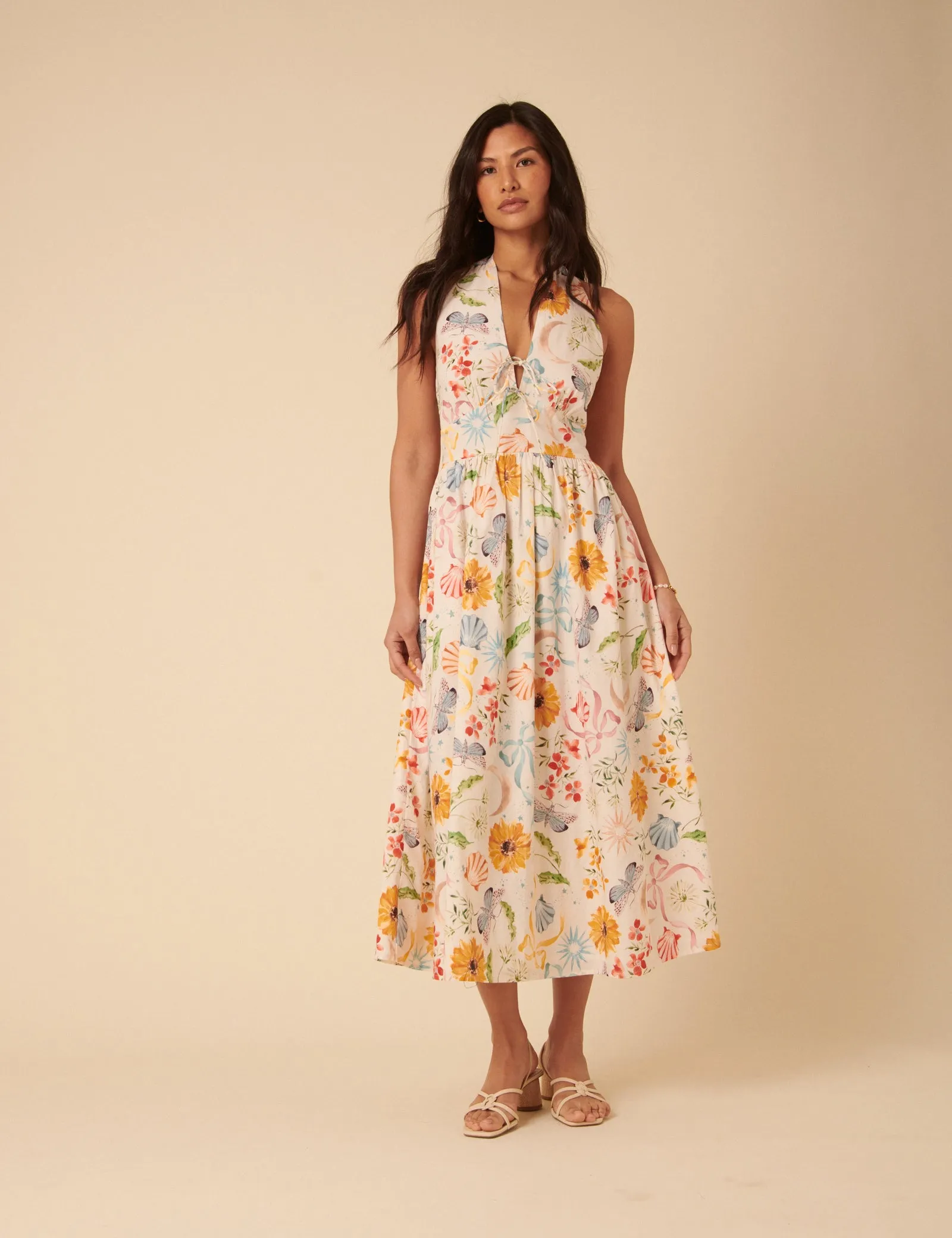 White Floral Halterneck Lilliana Midi Dress sold by Nobody's Child product image thumbnail 2