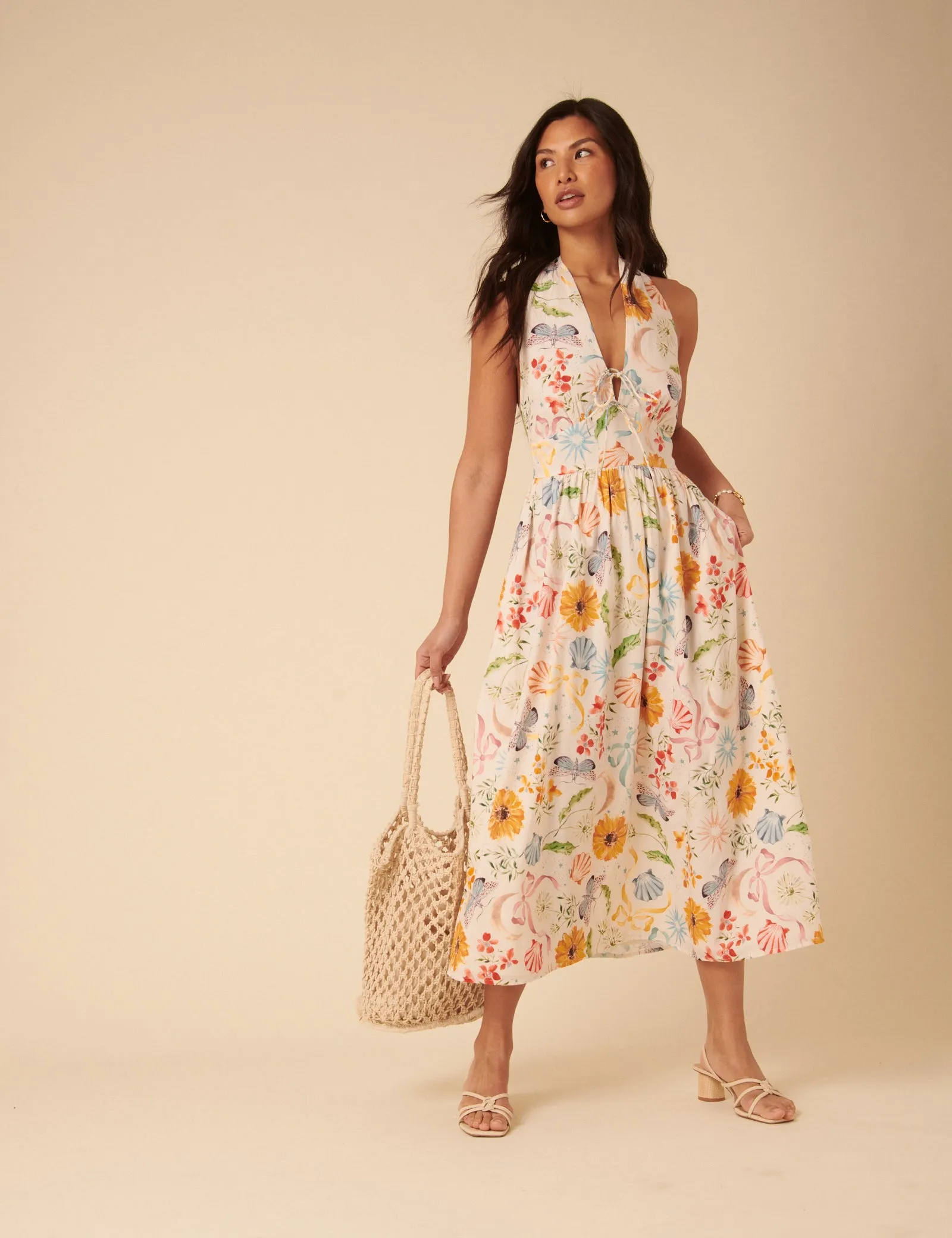 White Floral Halterneck Lilliana Midi Dress sold by Nobody's Child product image thumbnail 4