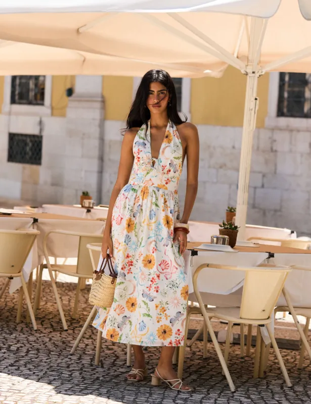 White Floral Halterneck Lilliana Midi Dress sold by Nobody's Child