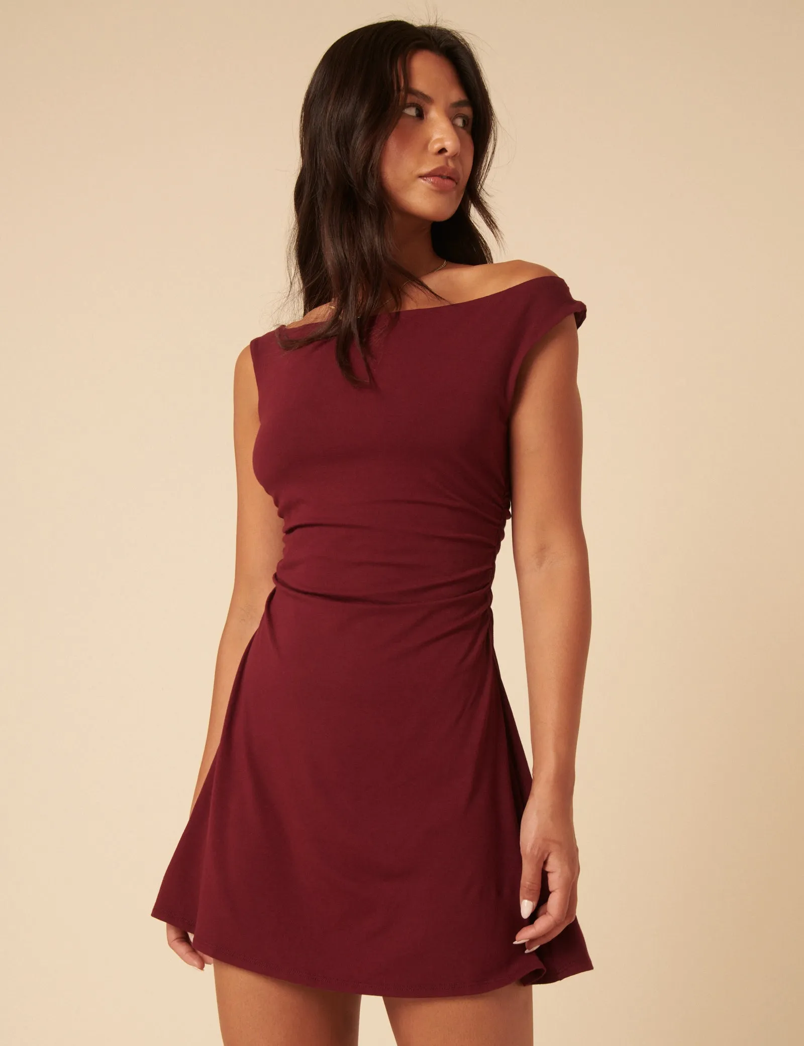 Burgundy Off Shoulder Abigail Mini Dress sold by Nobody's Child