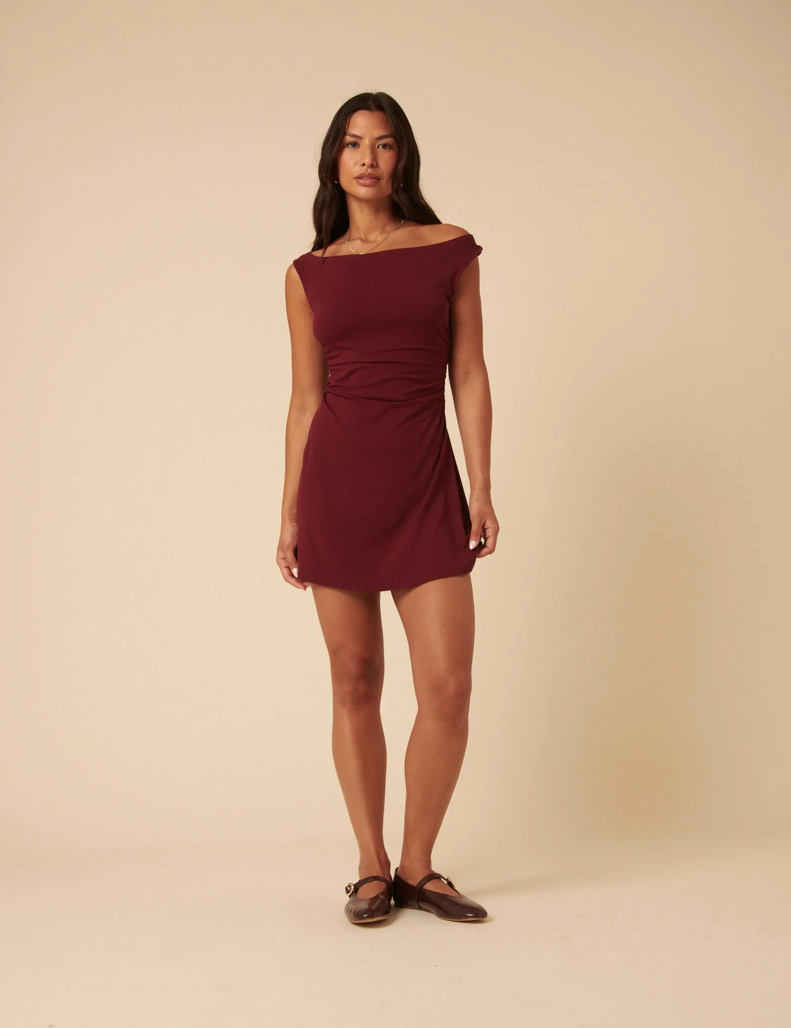 Burgundy Off Shoulder Abigail Mini Dress sold by Nobody's Child product image thumbnail 2