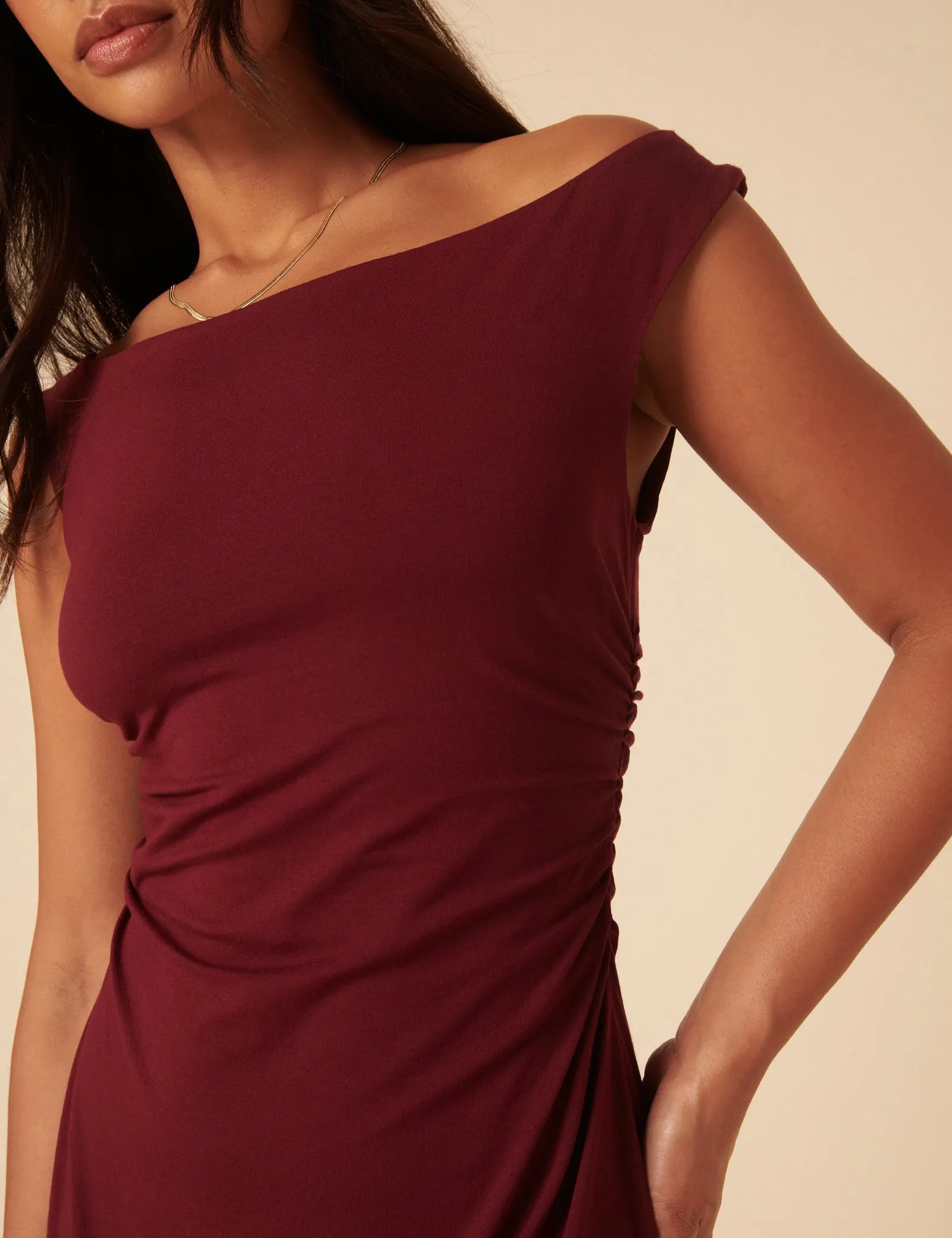 Burgundy Off Shoulder Abigail Mini Dress sold by Nobody's Child product image thumbnail 3