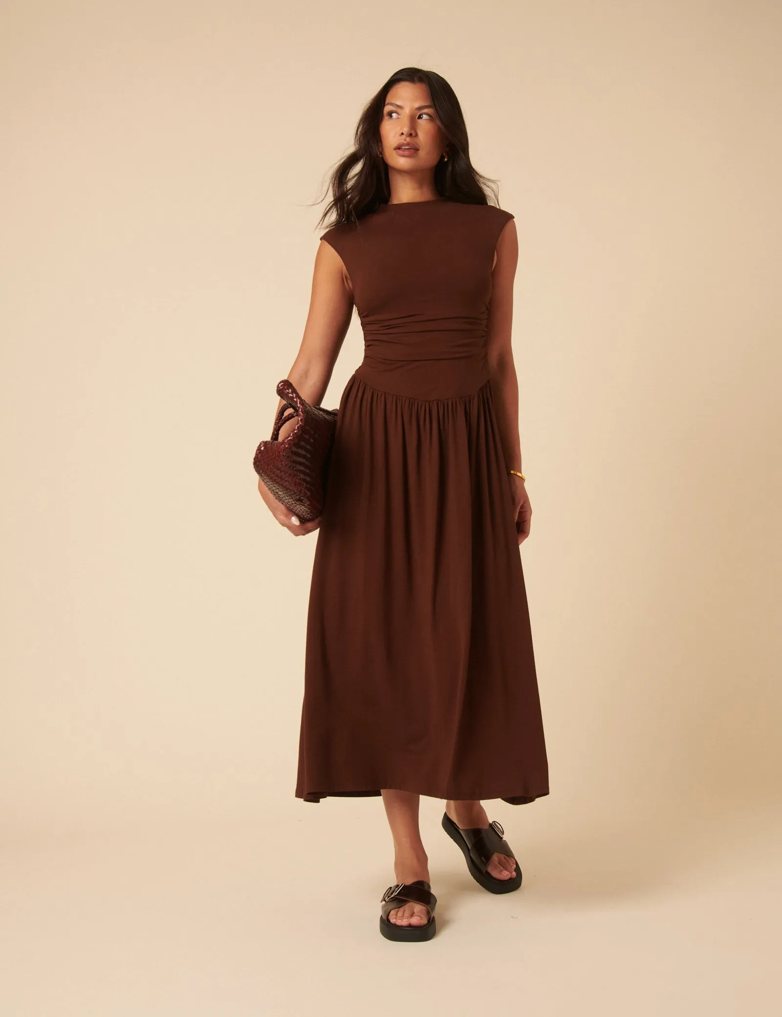 Brown Drop Waist Aubrey Midi Dress sold by Nobody's Child