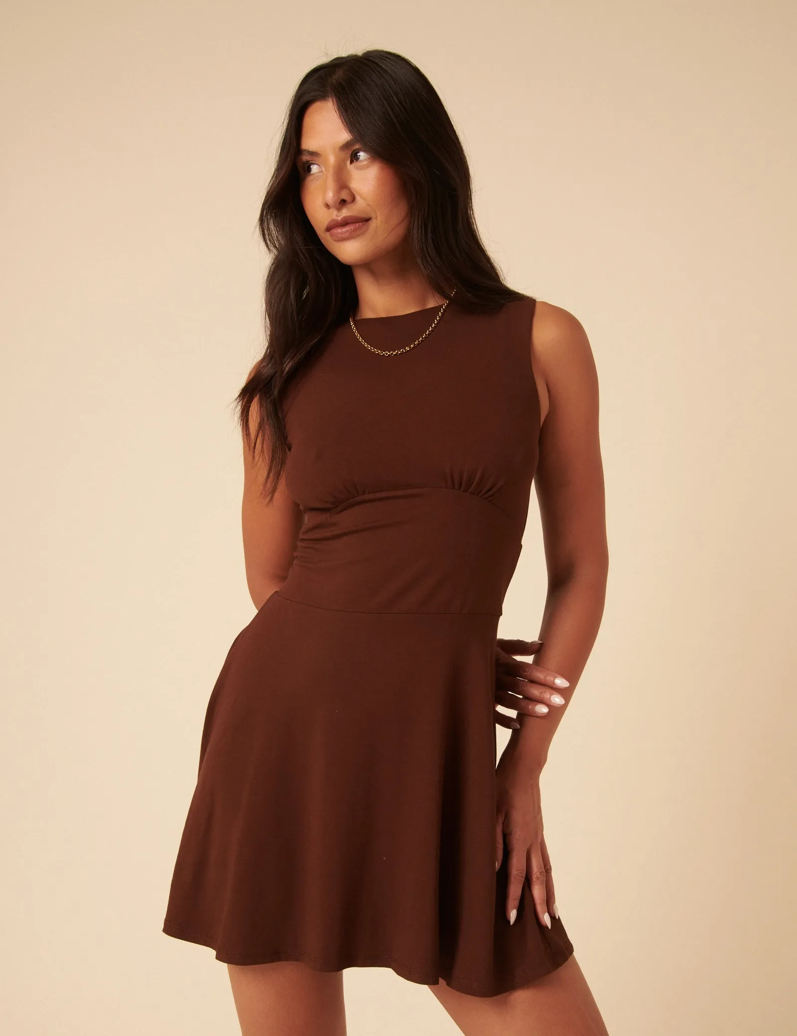 Brown Jersey Boat Neck Tate Mini Dress sold by Nobody's Child