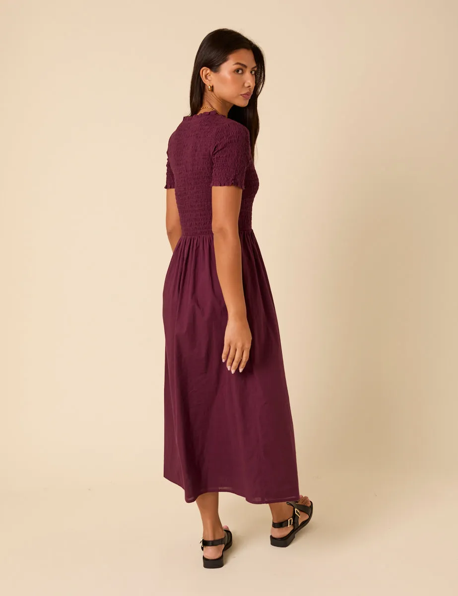 Burgundy Shirred Short Sleeve Zita Midi Dress sold by Nobody's Child product image thumbnail 4