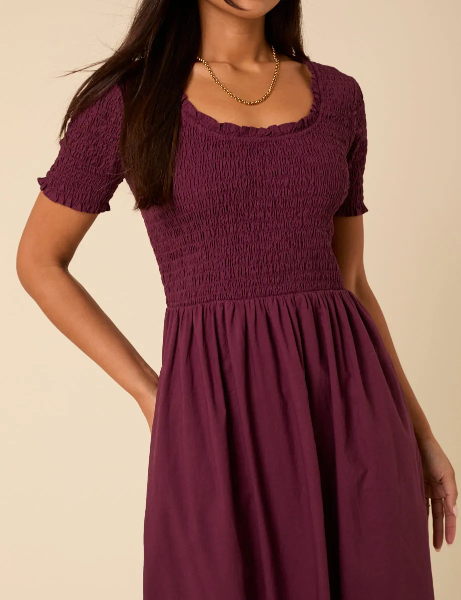 Burgundy Shirred Short Sleeve Zita Midi Dress sold by Nobody's Child product image thumbnail 3