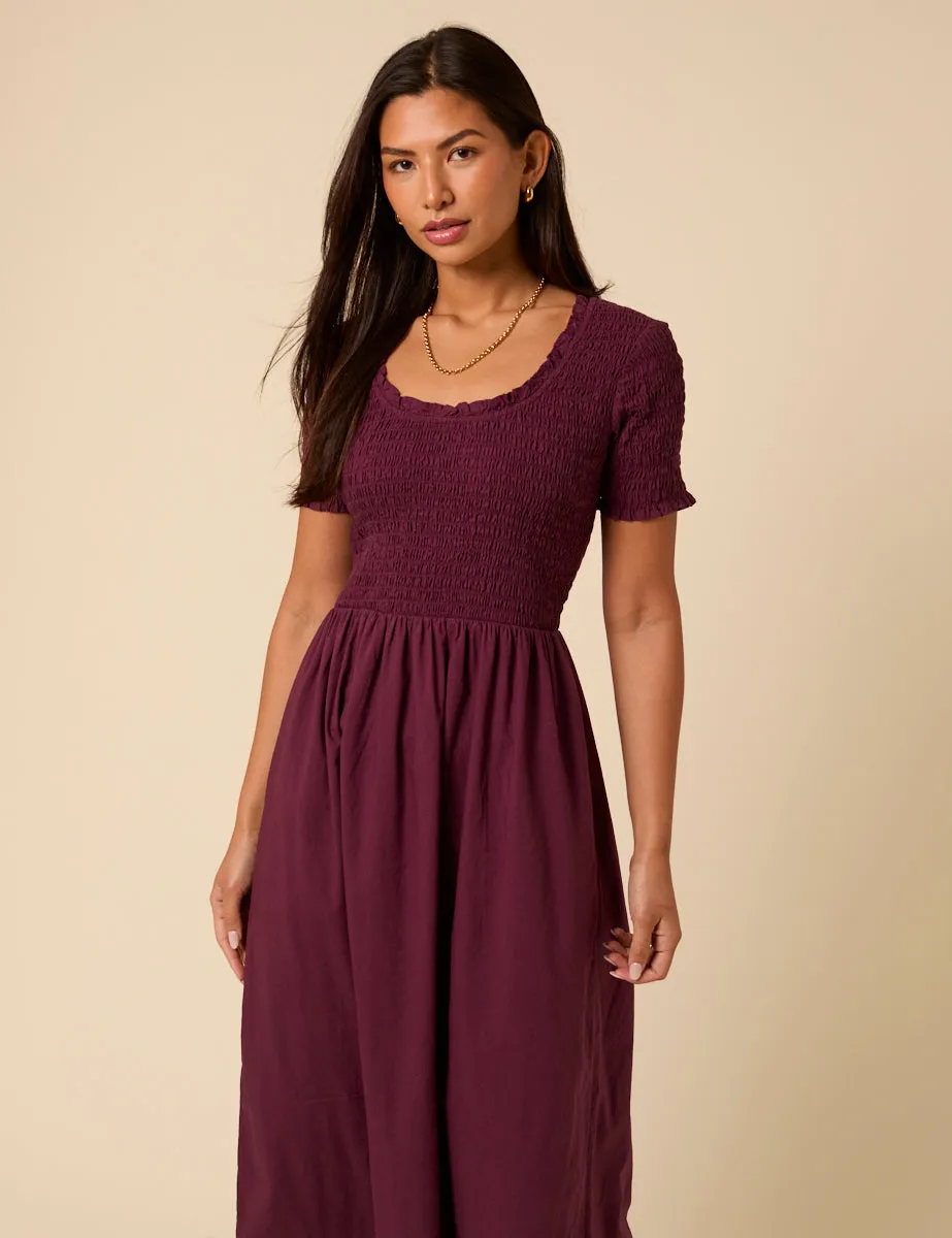 Burgundy Shirred Short Sleeve Zita Midi Dress sold by Nobody's Child product image thumbnail 2